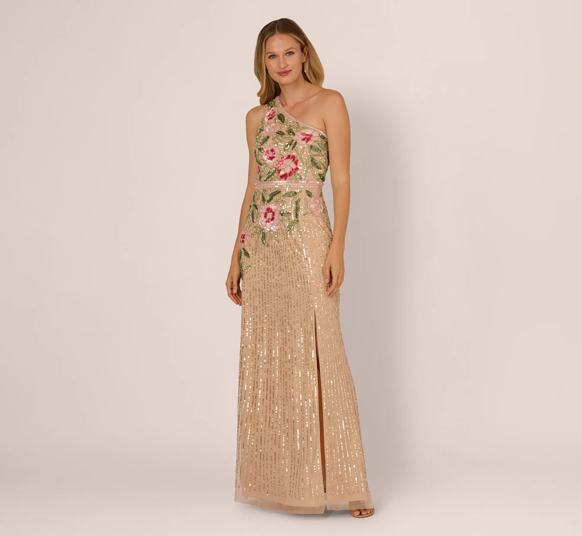 One Shoulder Floral Sequin Bead Gown In Nude Multi - Image 3