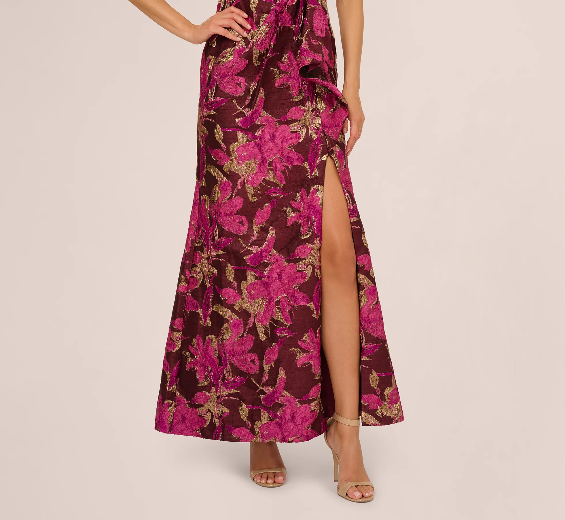 One Shoulder Jacquard Dress In Burgundy Gold - Image 4