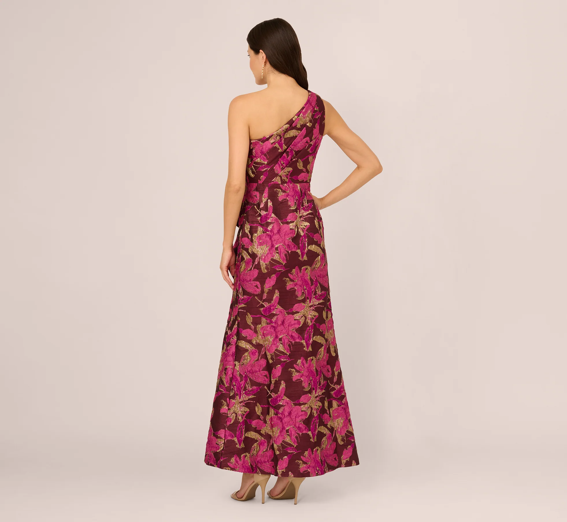 One Shoulder Jacquard Dress In Burgundy Gold - Image 5