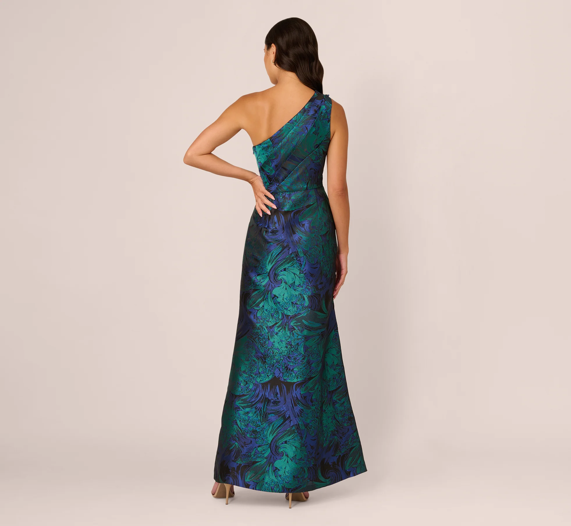 One Shoulder Jacquard Mermaid Gown With Drape Detail In Cobalt Teal - Image 6