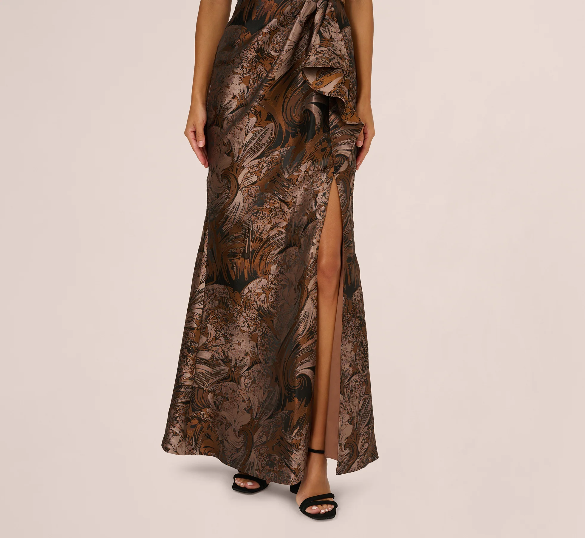 One Shoulder Jacquard Mermaid Gown With Drape Detail In Copper Chocolate - Image 5