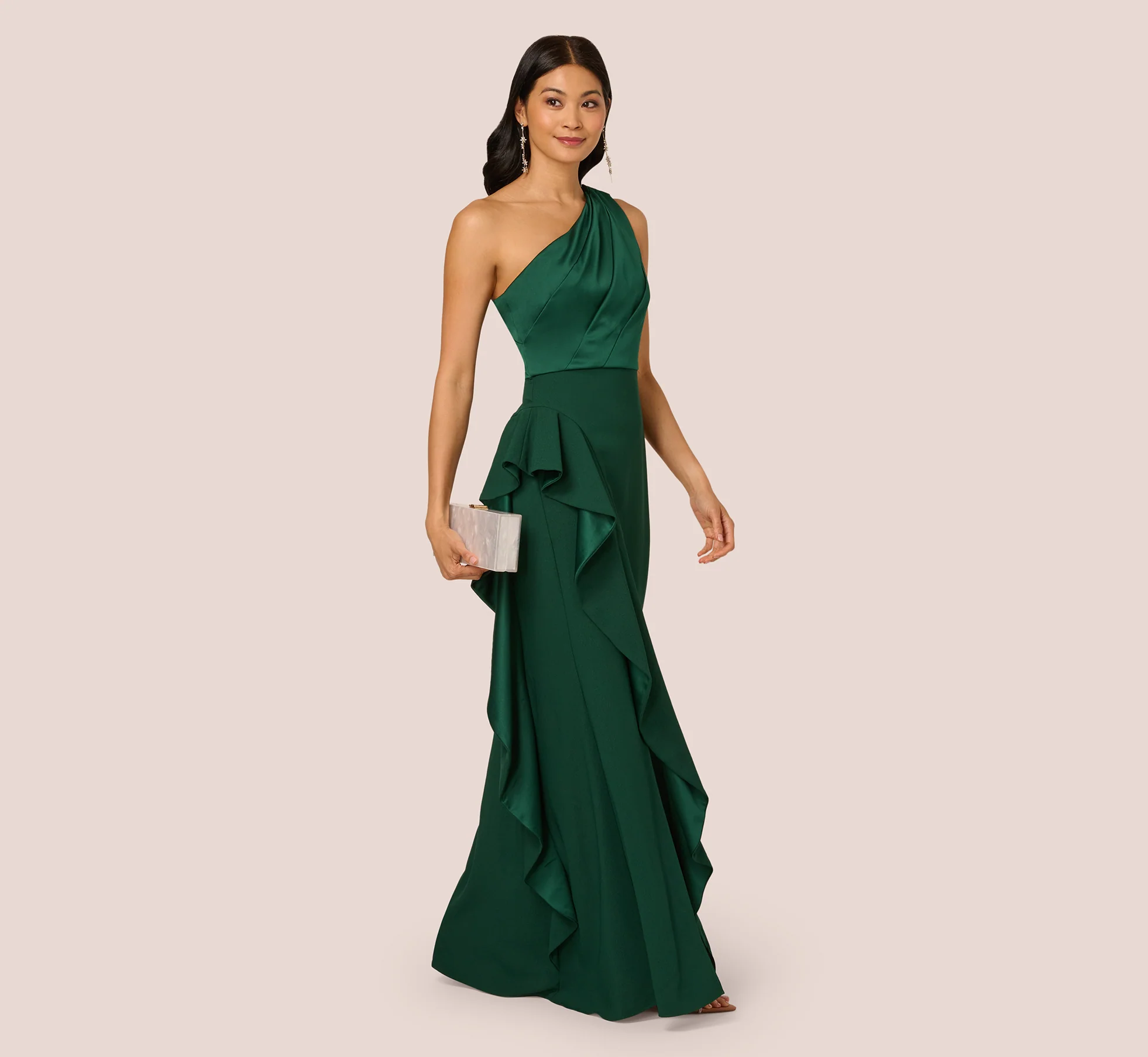 One-Shoulder Long Satin Crepe Mermaid Gown In Deep Forest - Image 2