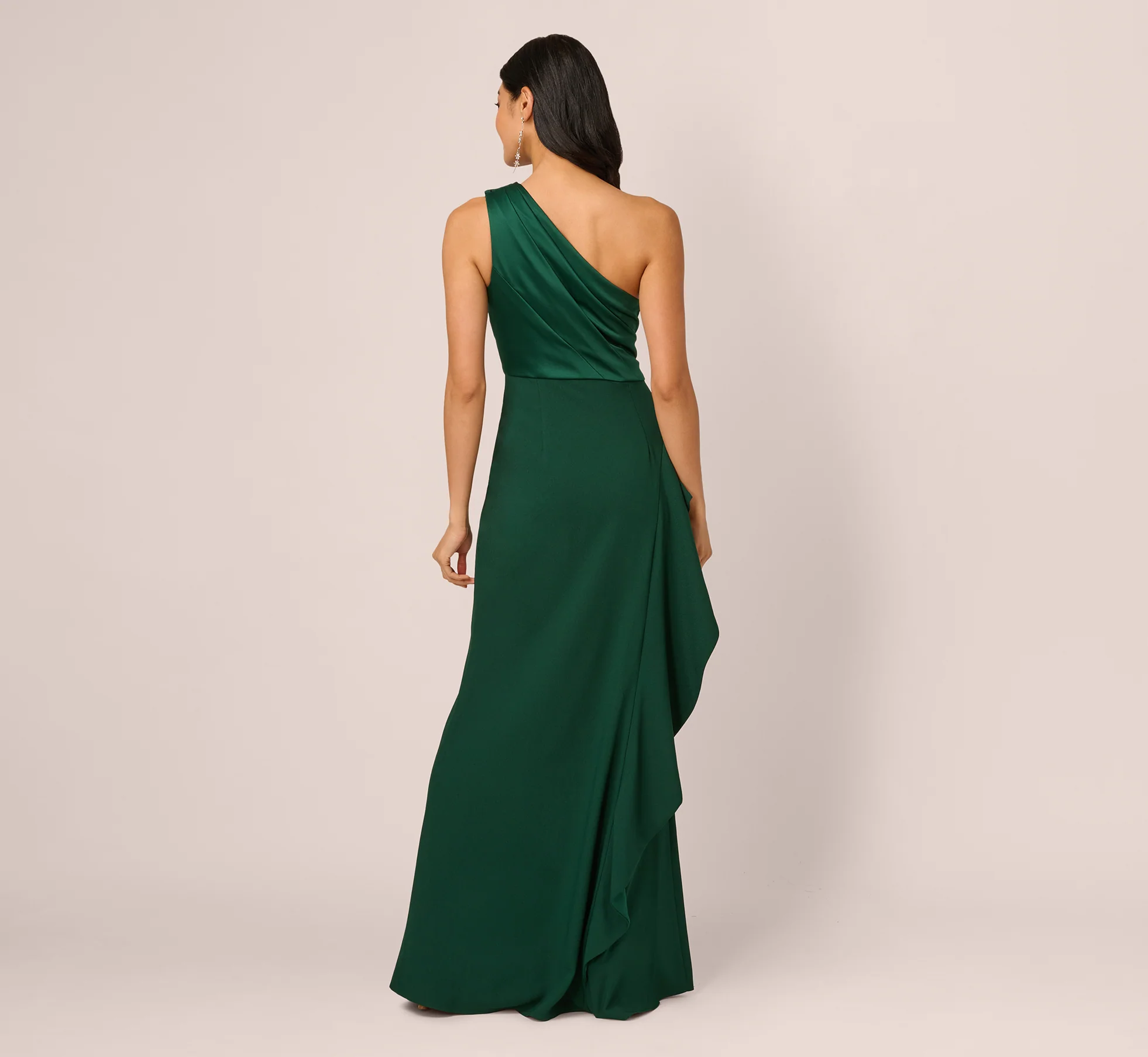 One-Shoulder Long Satin Crepe Mermaid Gown In Deep Forest - Image 6