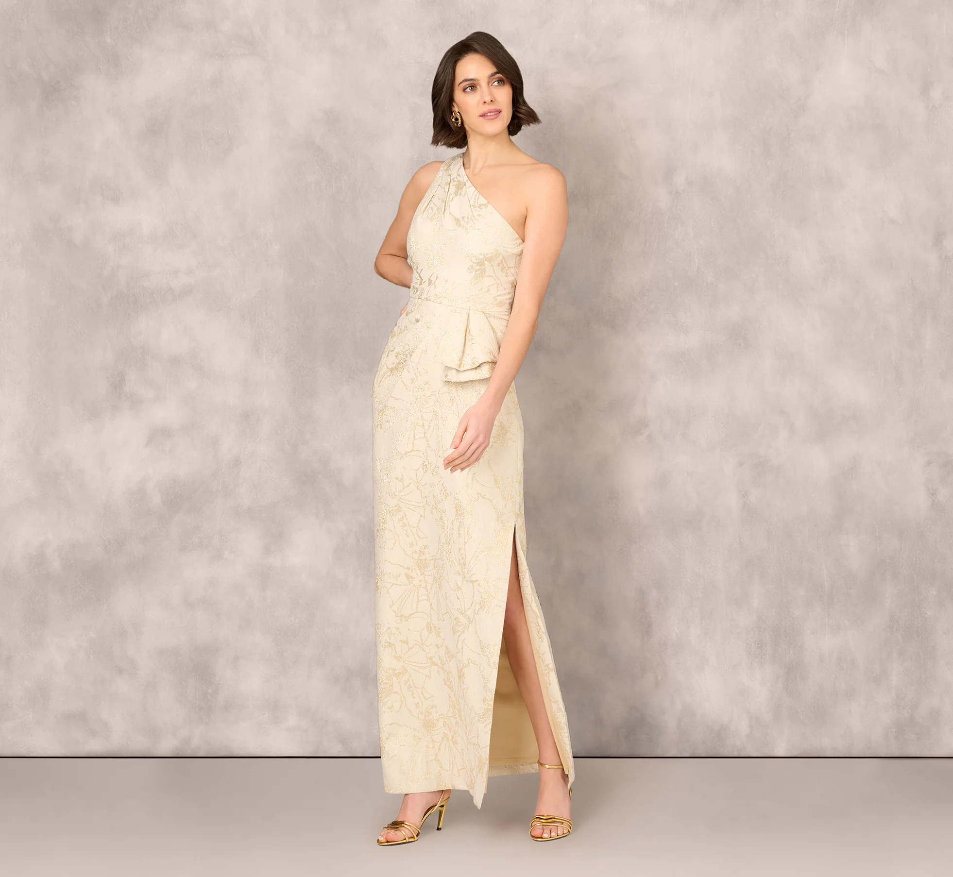 One Shoulder Metallic Stretch Jacquard Column Gown In Light Gold - Image 2