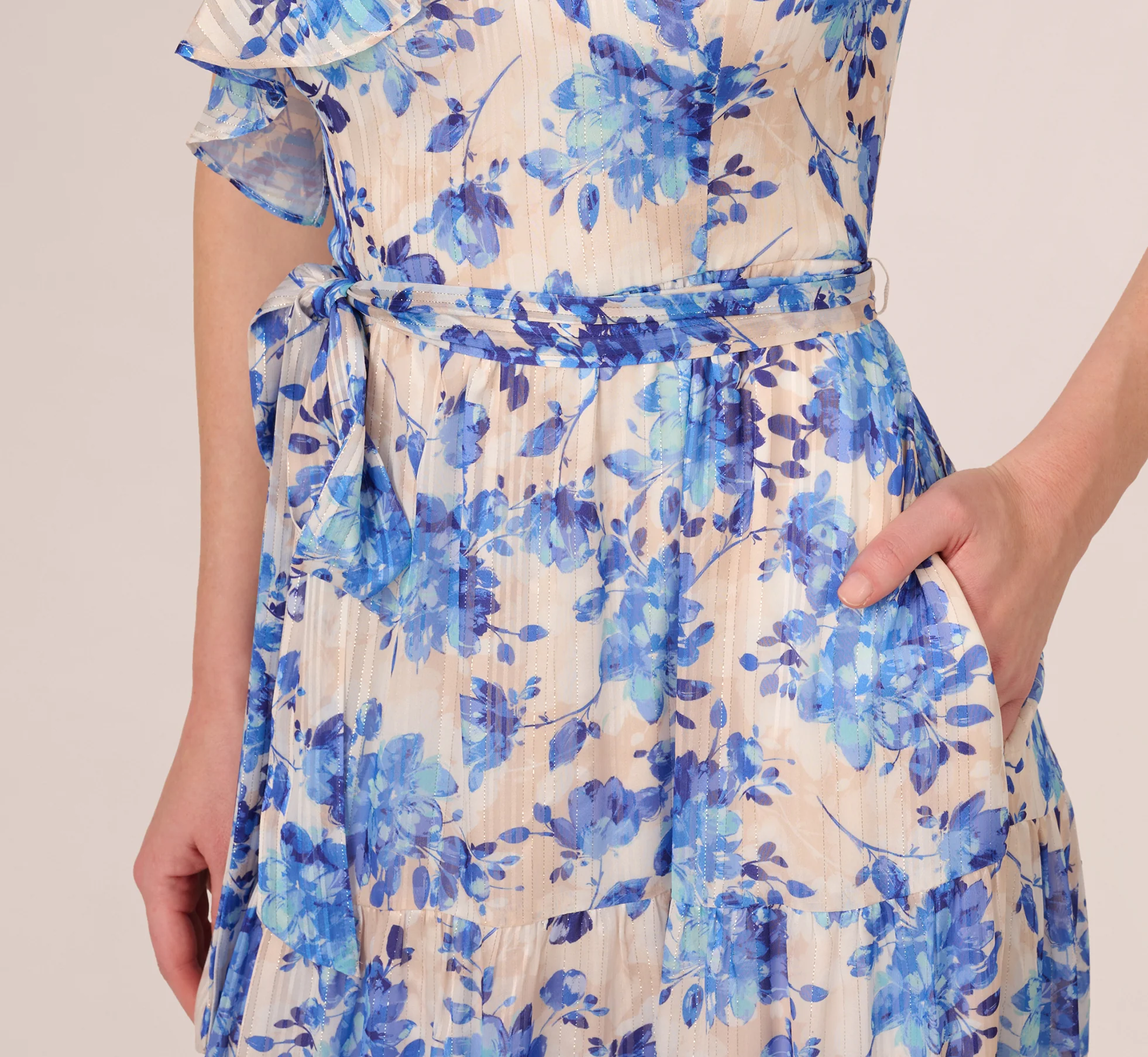 One Shoulder Metallic Stripe Floral Maxi Dress In Champagne Blue Multi - Image 5