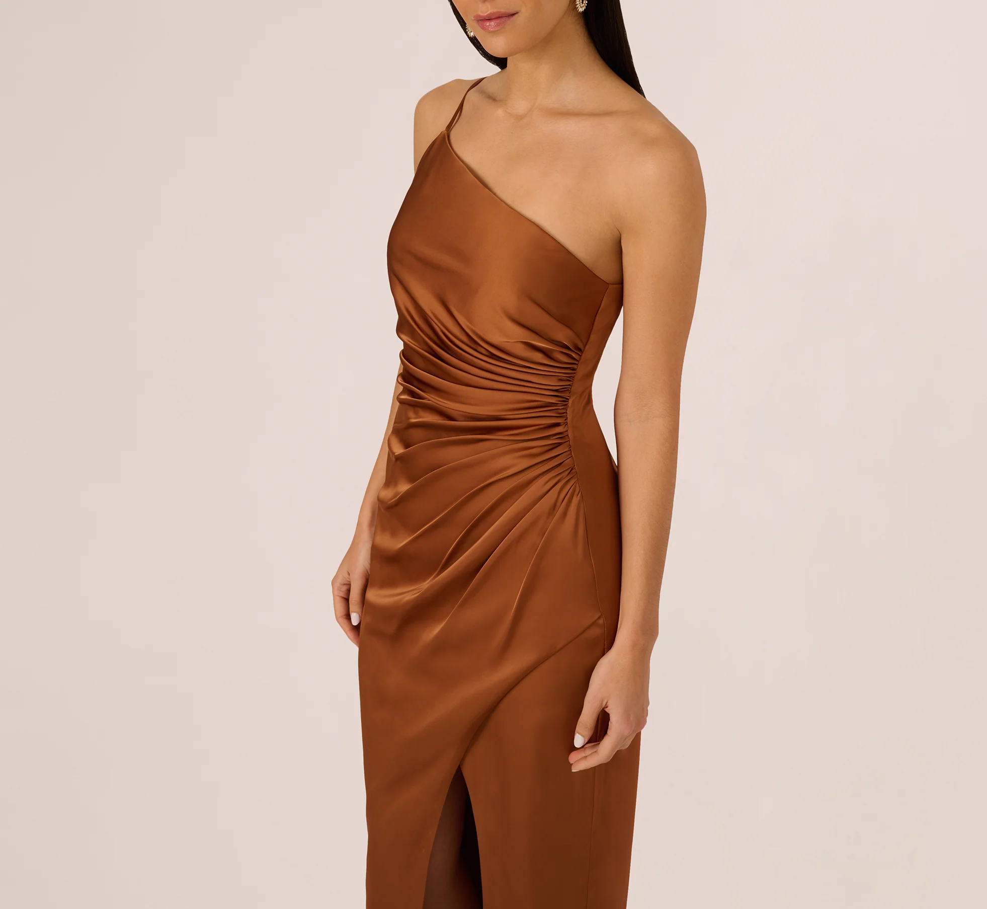 One Shoulder Ruched Satin Gown In Cinnamon - Image 5