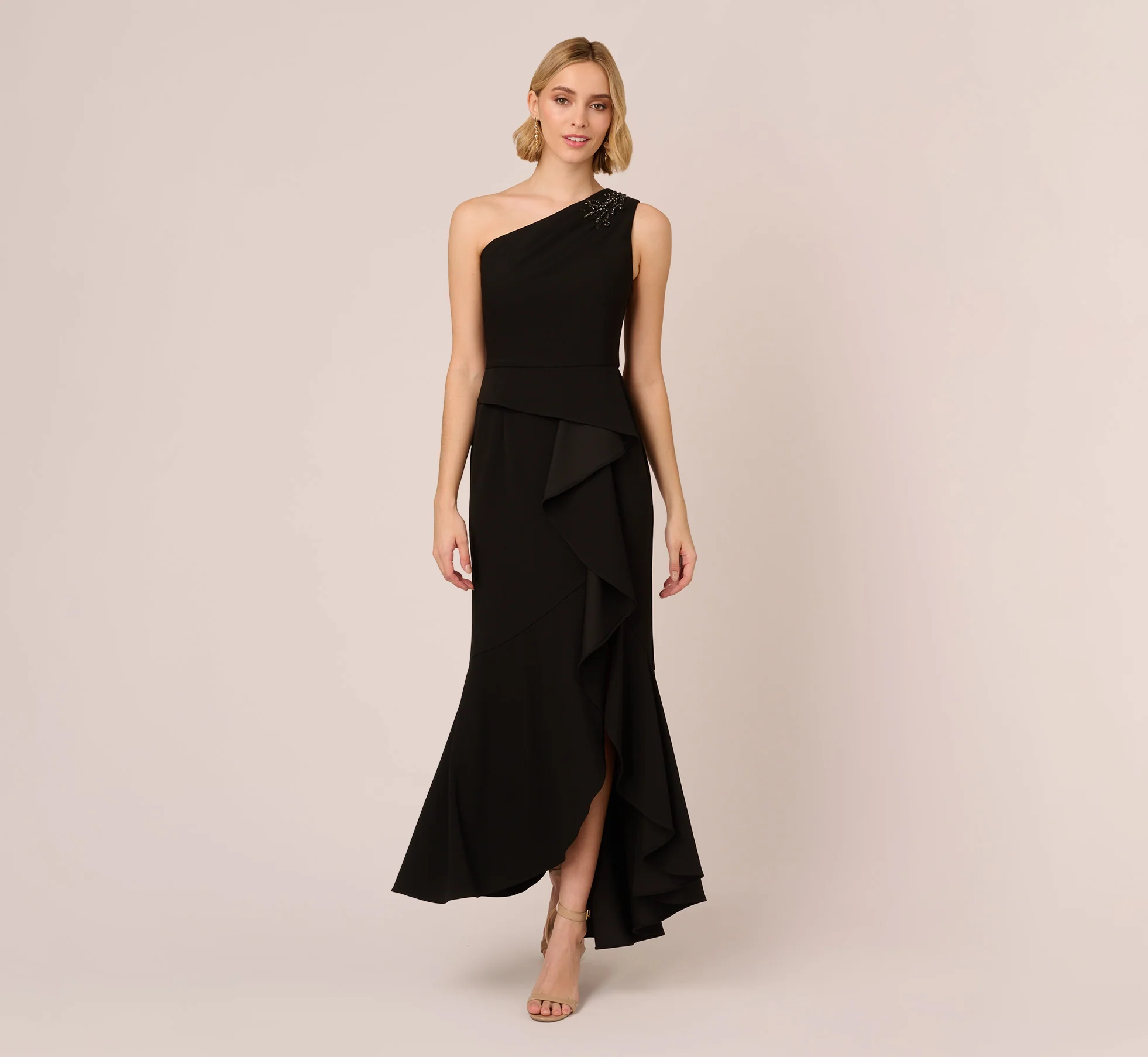 One Shoulder Ruffled Crepe Gown With Beaded Accent In Black - Image 2