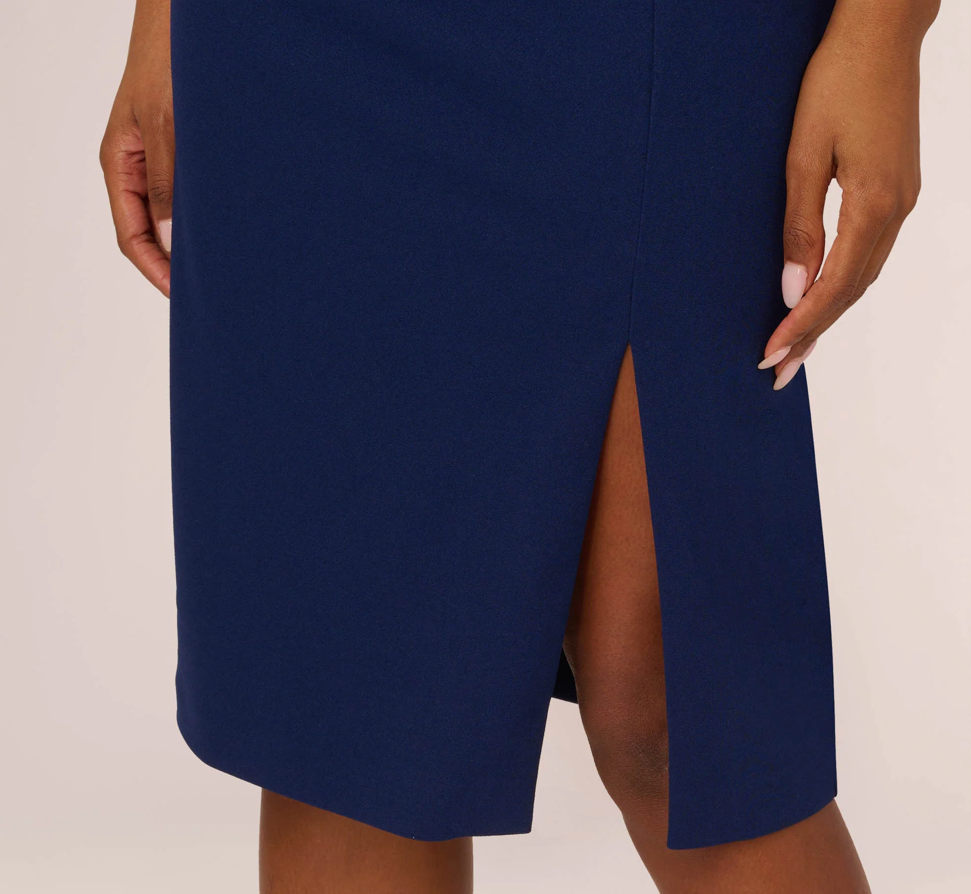One Sleeve Sheath Dress With Bow Neckline In Navy Sateen - Image 4