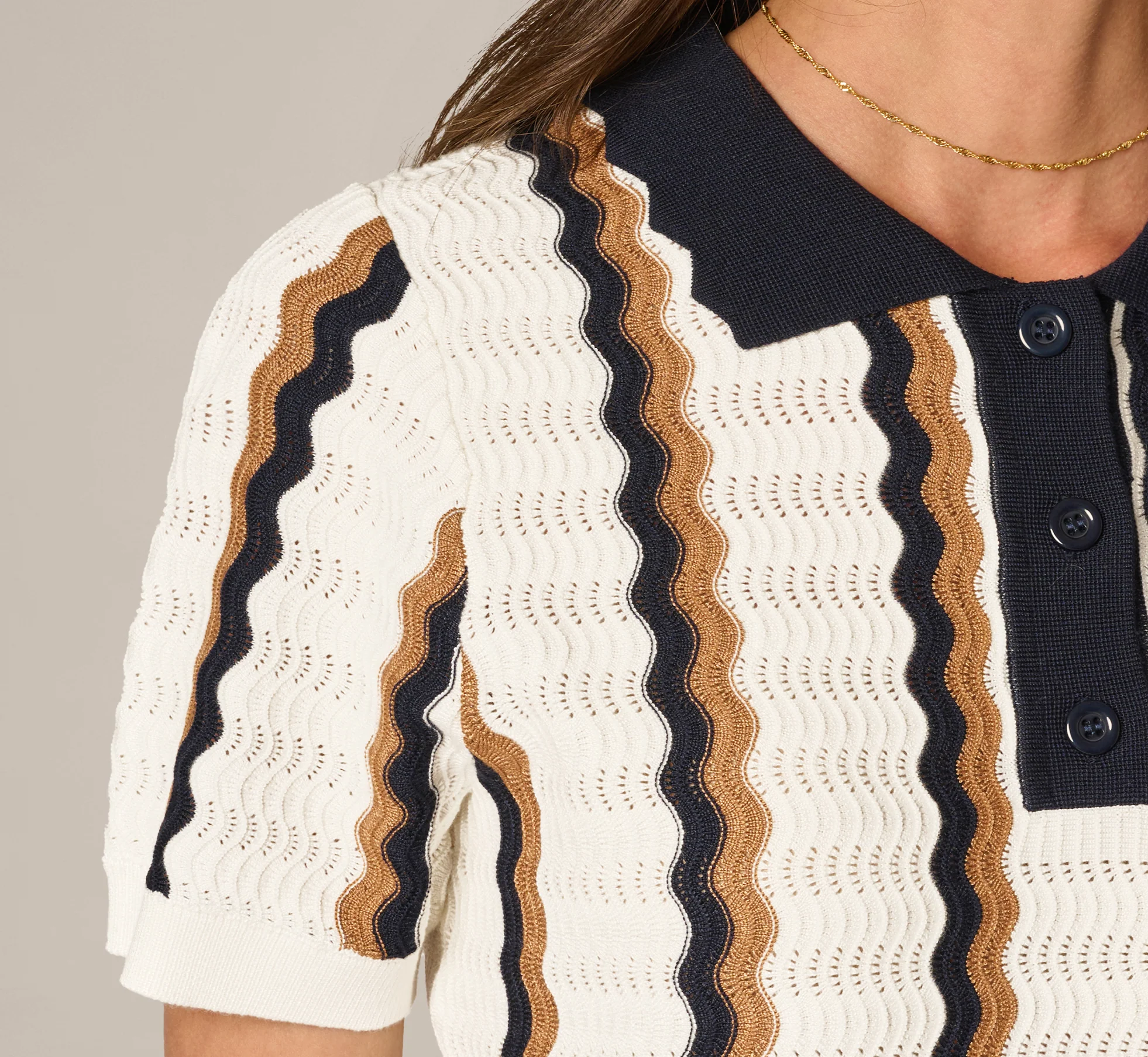 Open Knit Pointelle Scalloped Polo Sweater In Ivory Navy Camel - Image 4