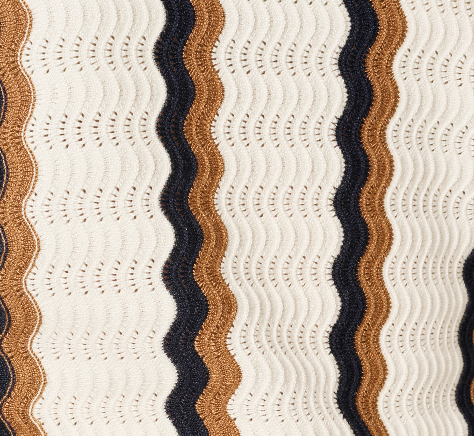 Open Knit Pointelle Scalloped Polo Sweater In Ivory Navy Camel - Image 7