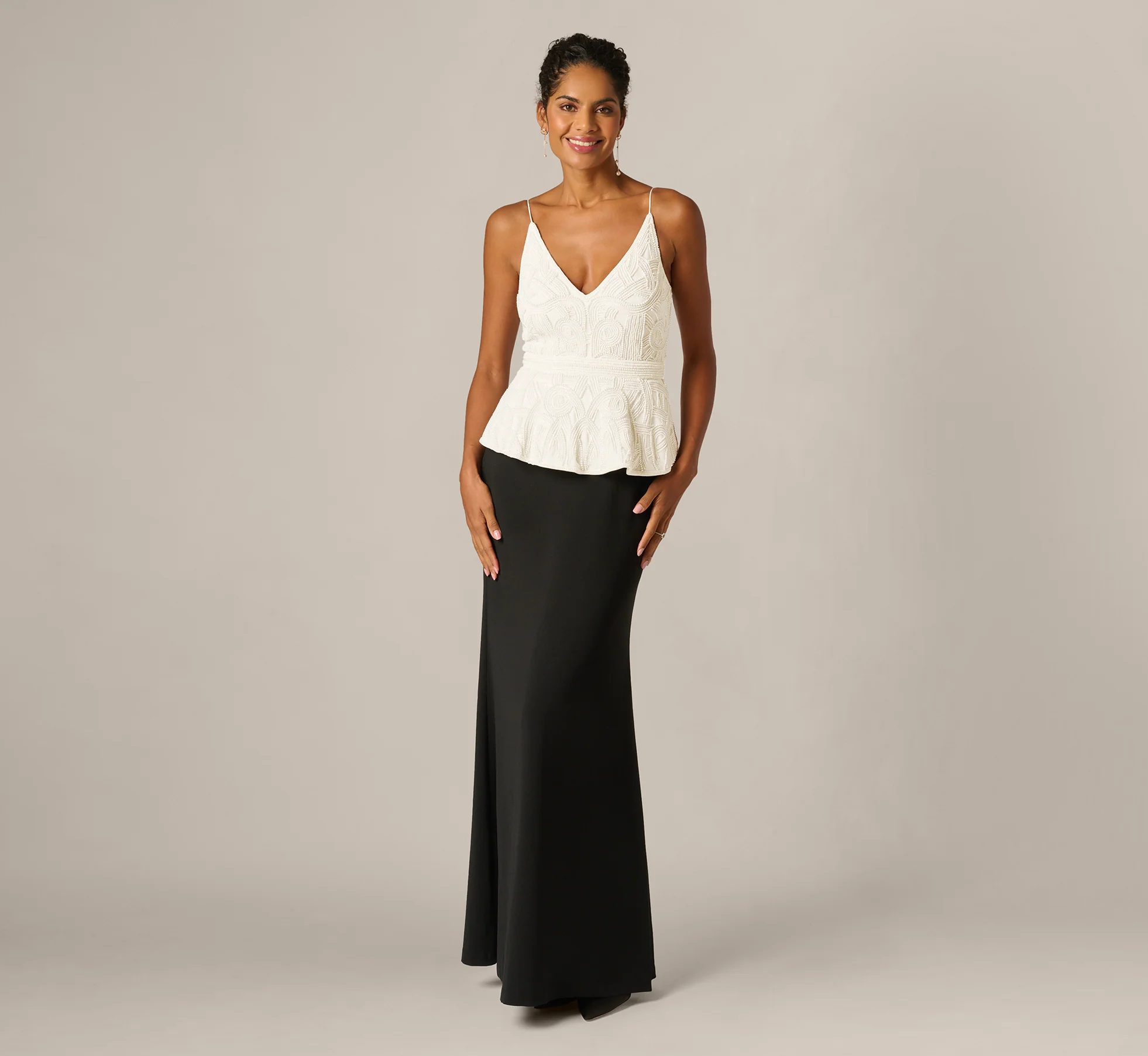 Pearly Beaded Peplum Combo Gown In Black Ivory - Image 2