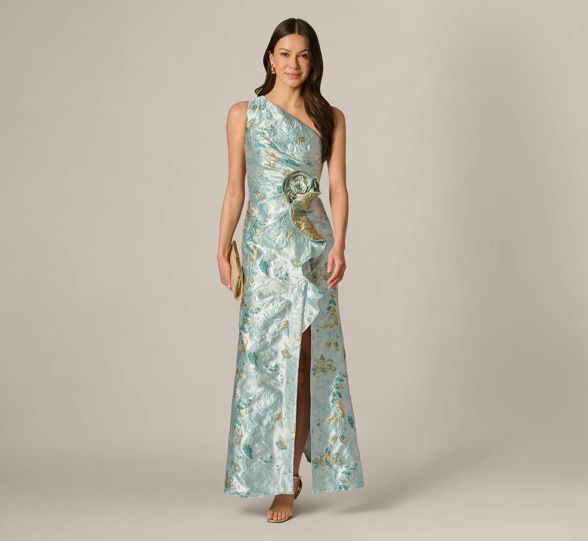 Petite One Shoulder Floral Jacquard Rosette Gown In Blue Multi - Image 2