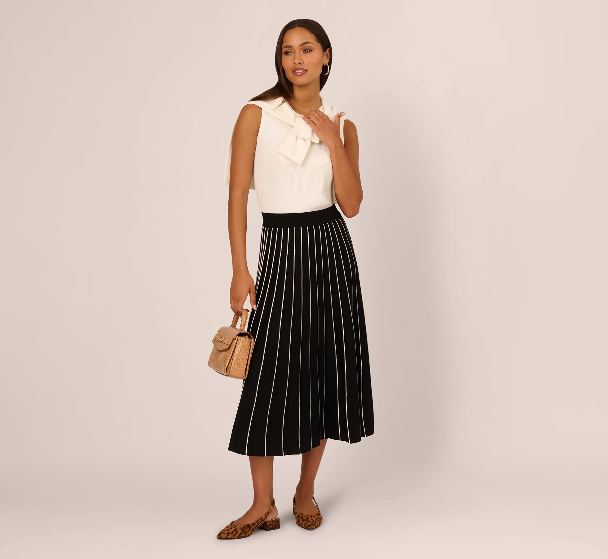 Pleated Pinstriped Knit Midi Skirt In Black Cream - Image 2