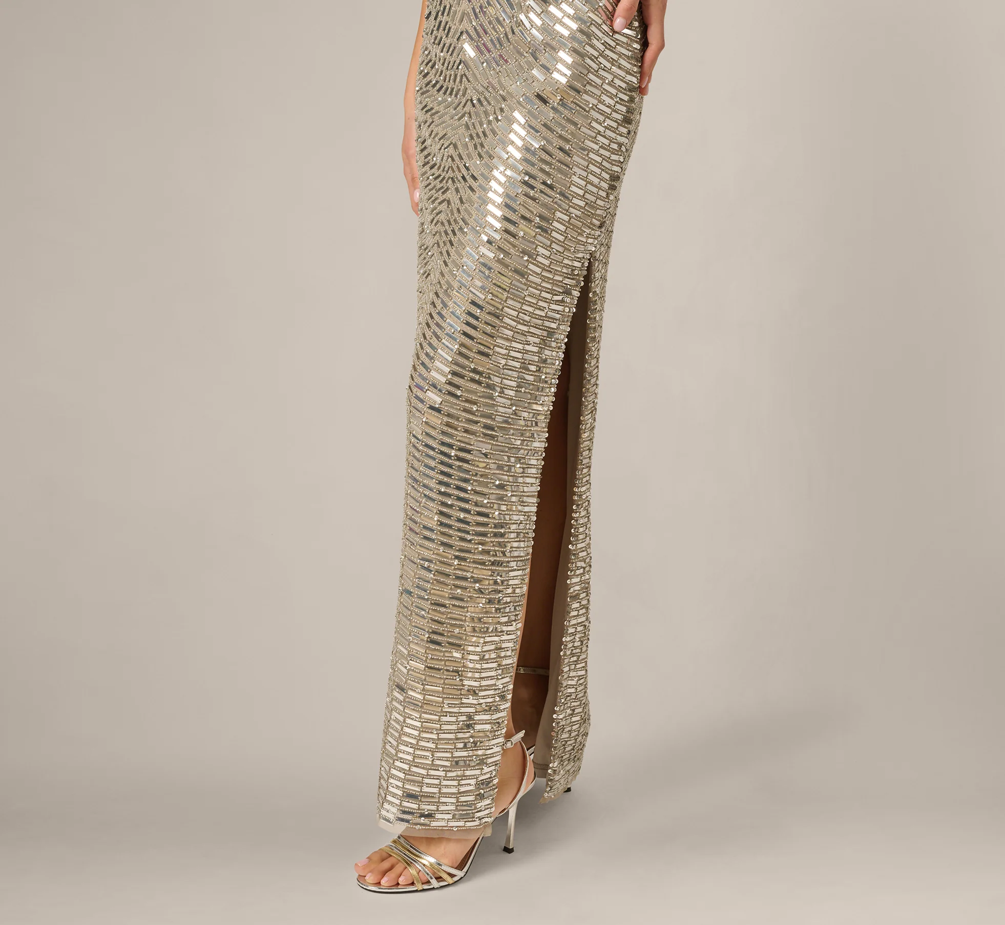 Plunge Neck Mirror Beaded Gown In Silver - Image 4