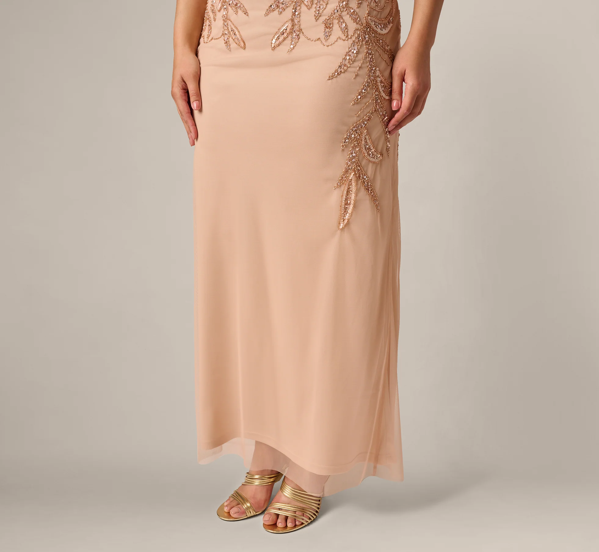 Plus Size Adrianna Papell Hand-Beaded Sleeveless Slim Column Gown In Rose Gold - Image 3