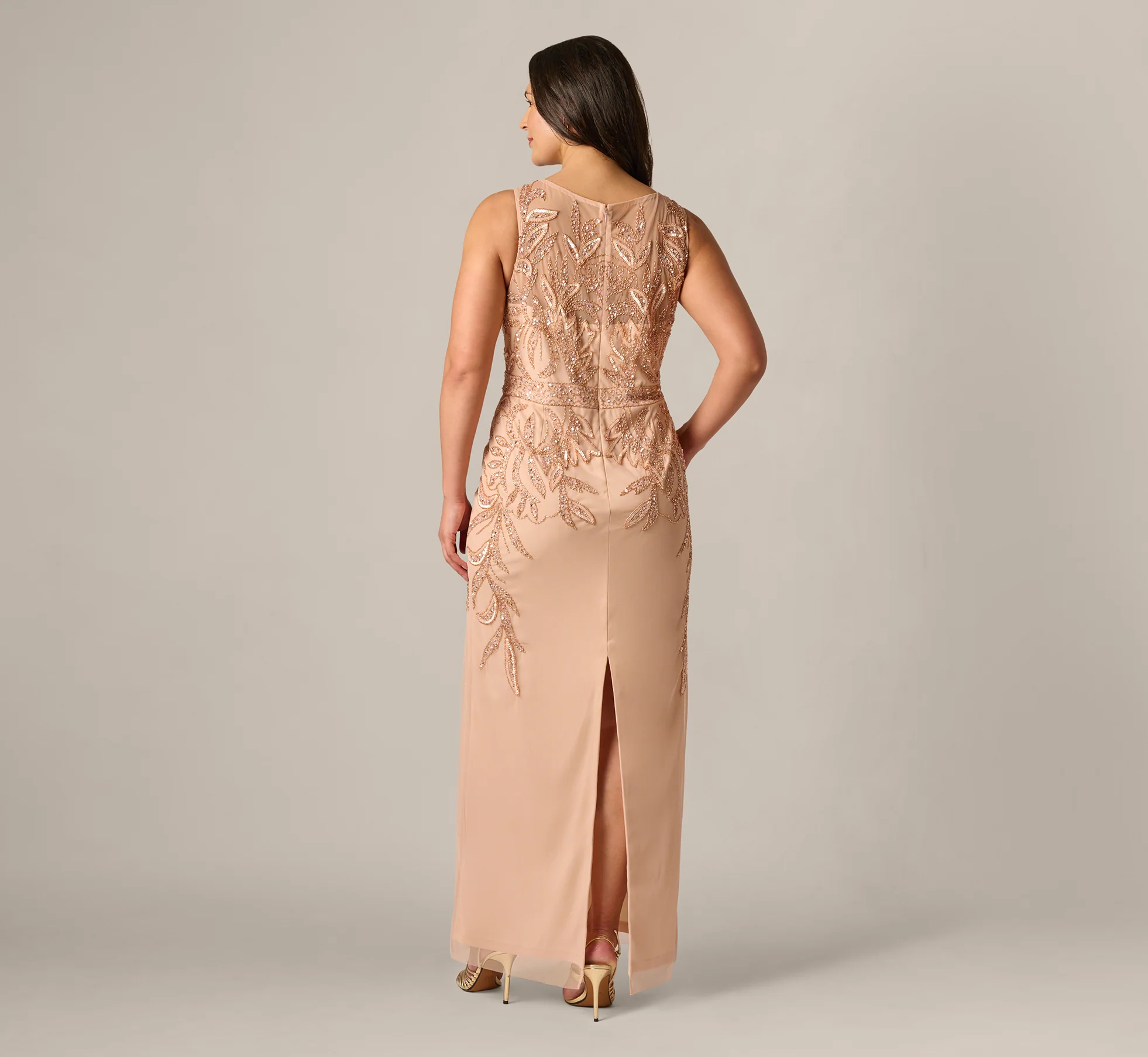 Plus Size Adrianna Papell Hand-Beaded Sleeveless Slim Column Gown In Rose Gold - Image 5