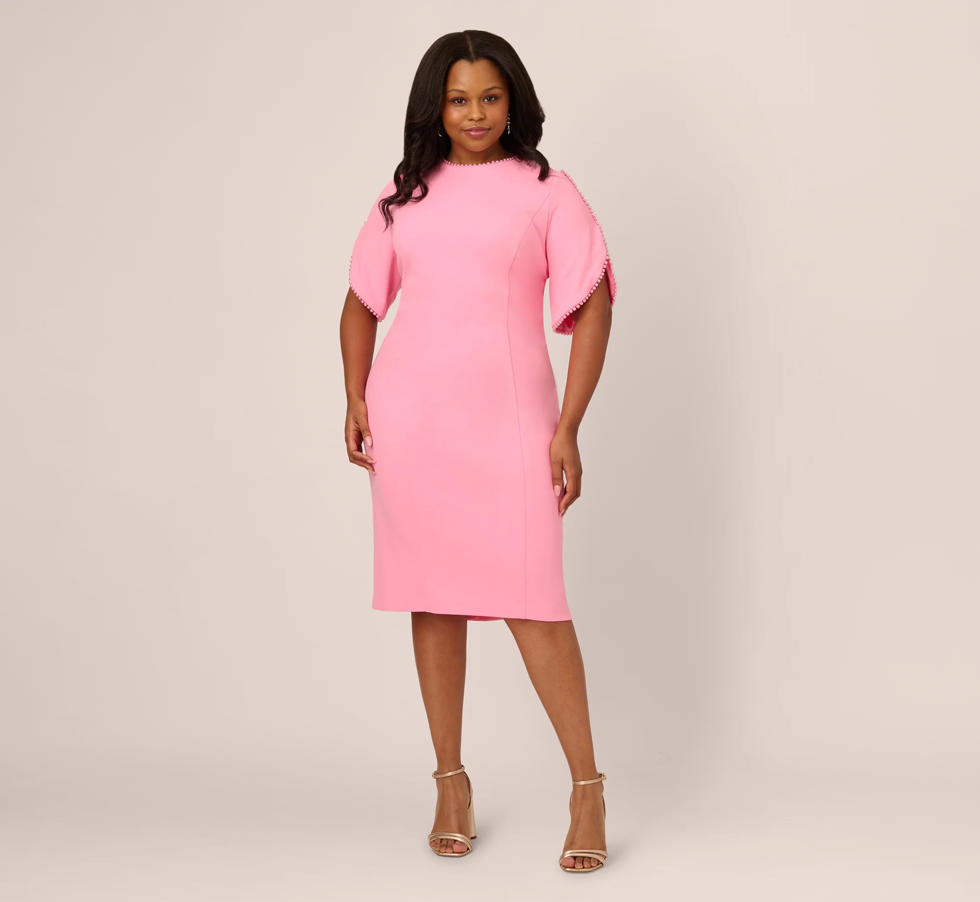 Plus Size Crepe Midi Length Sheath Dress With Pearl Trimmed Sleeves In Cherry Blossom - Image 7