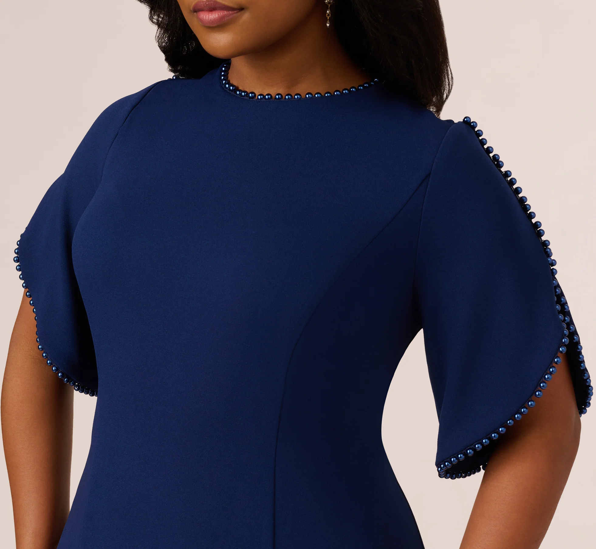 Plus Size Crepe Midi Length Sheath Dress With Pearl Trimmed Sleeves In Navy Sateen - Image 3