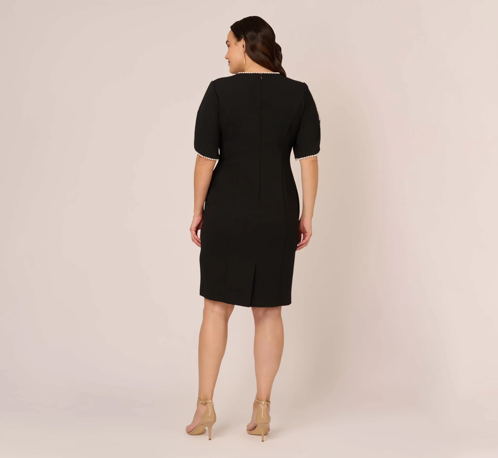Plus Size Crepe Midi Length Sheath Dress With Pearly Trim In Black - Image 5