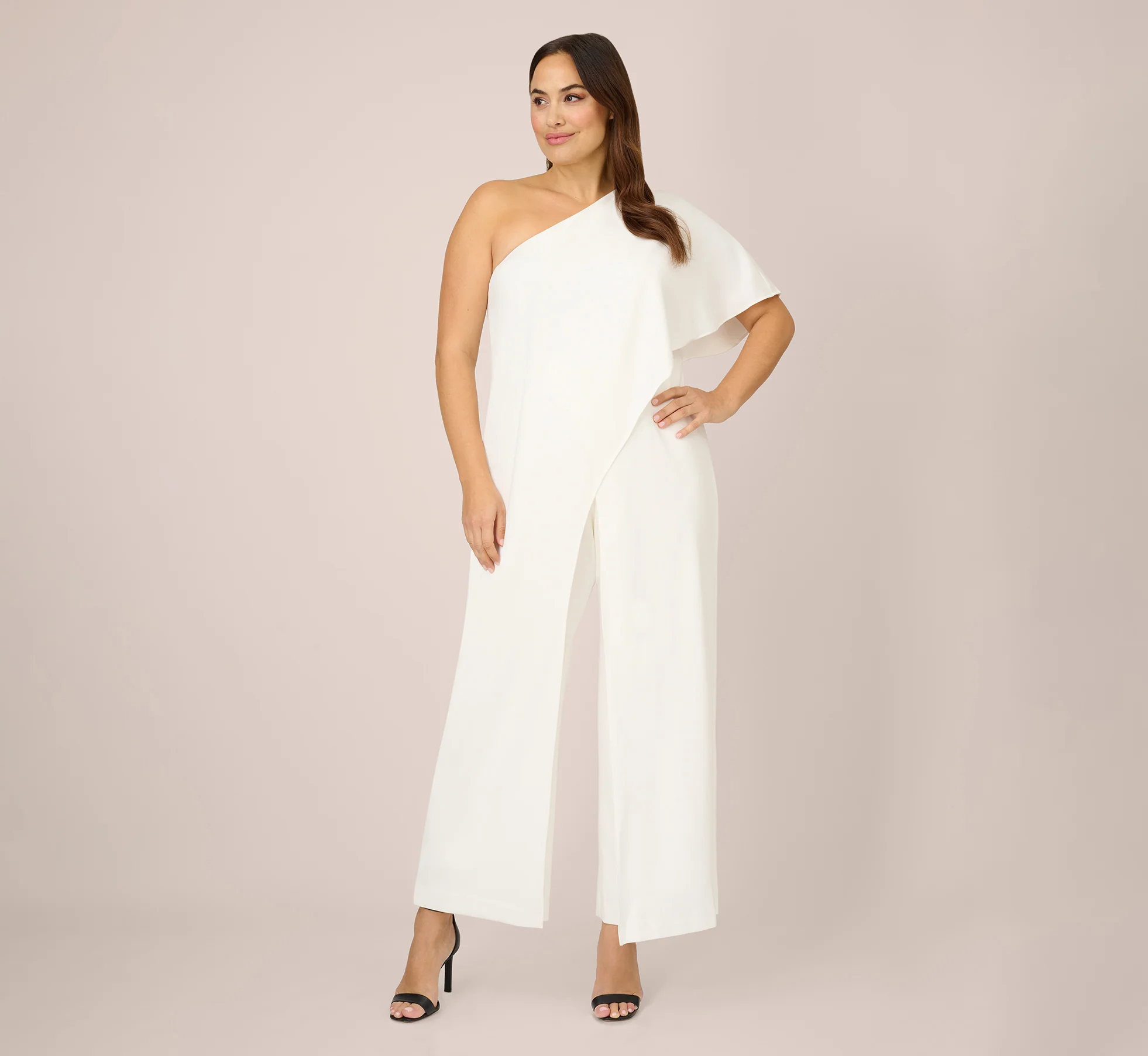 Plus Size Flutter One Shoulder Jumpsuit In Ivory - Image 2