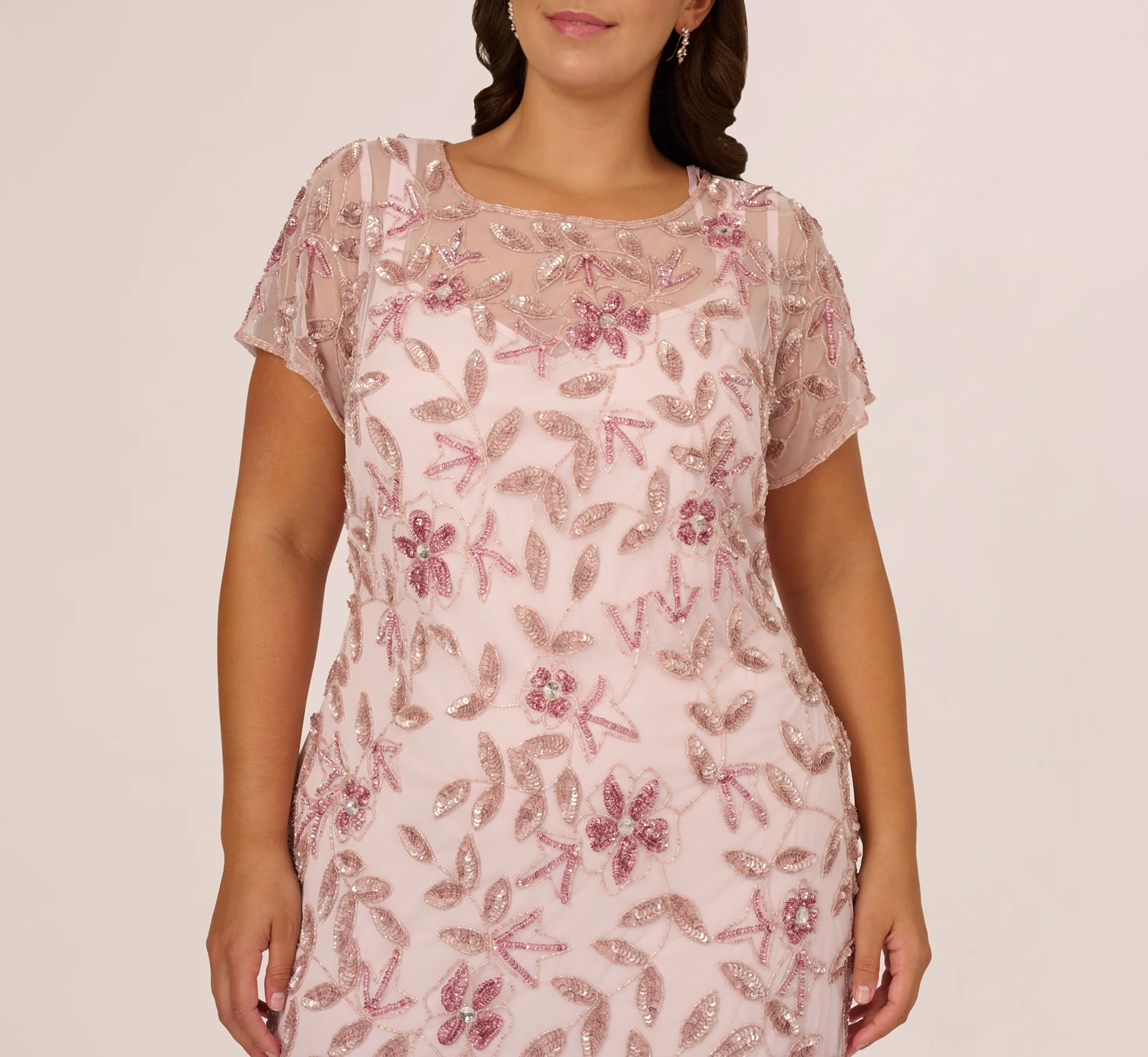 Plus Size Hand Beaded Short Sleeve Floral Godet Gown In Blush Pink - Image 3