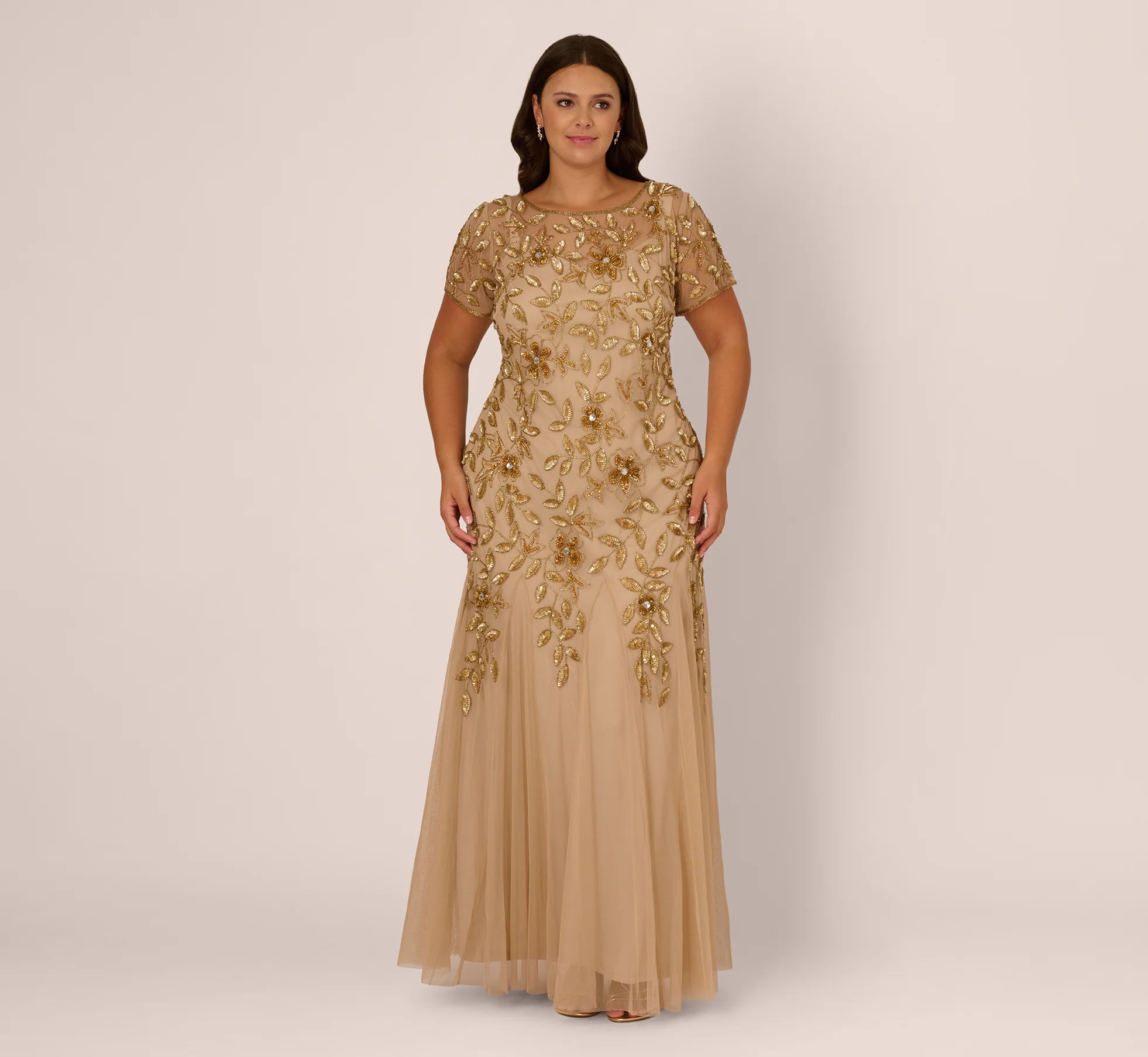 Plus Size Hand Beaded Short Sleeve Floral Godet Gown In Champagne Gold - Image 2