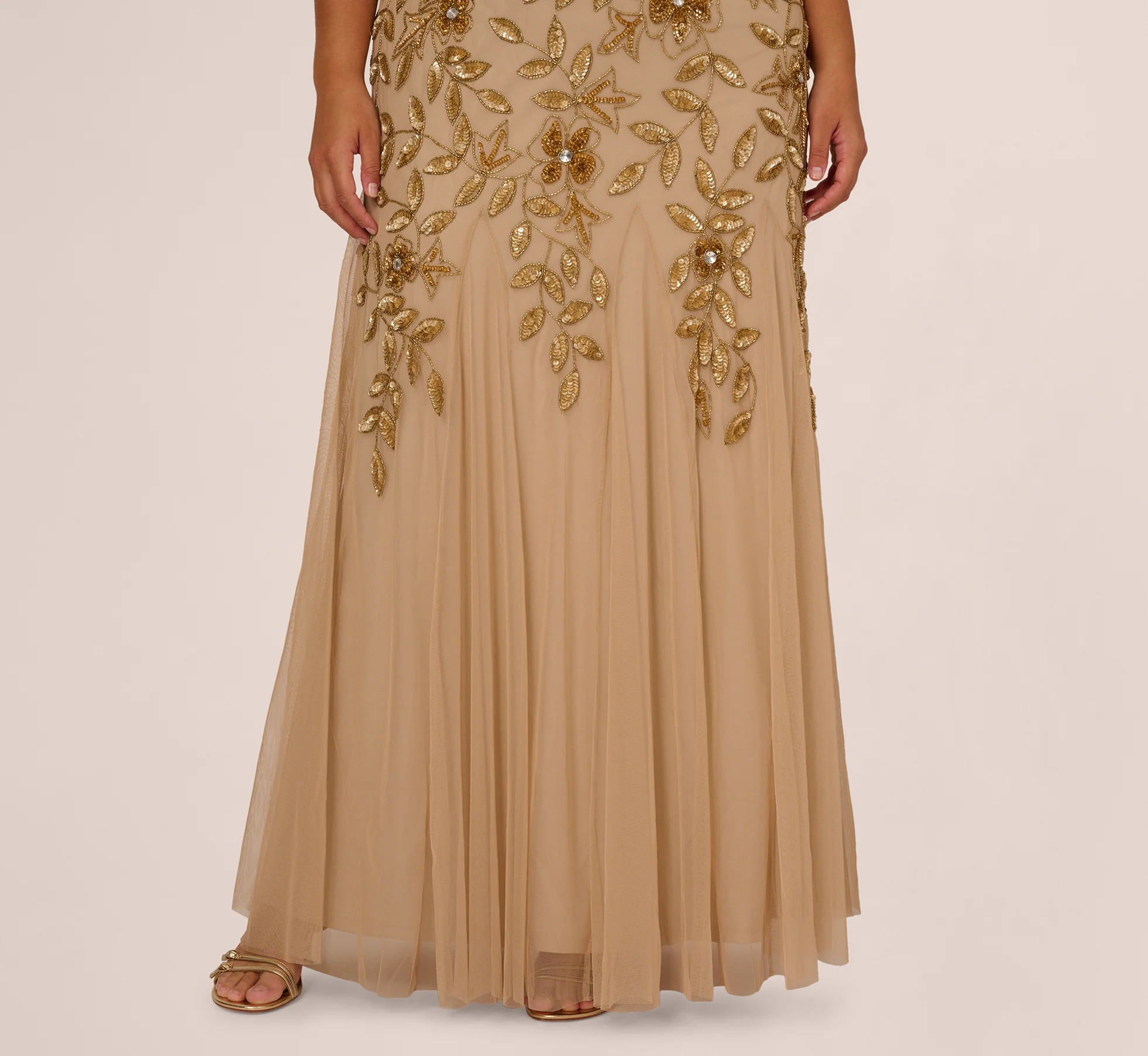 Plus Size Hand Beaded Short Sleeve Floral Godet Gown In Champagne Gold - Image 4