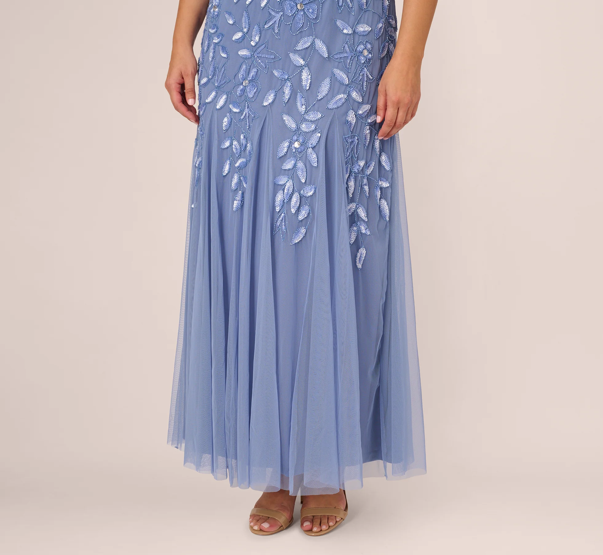 Plus Size Hand Beaded Short Sleeve Floral Godet Gown In French Blue - Image 7