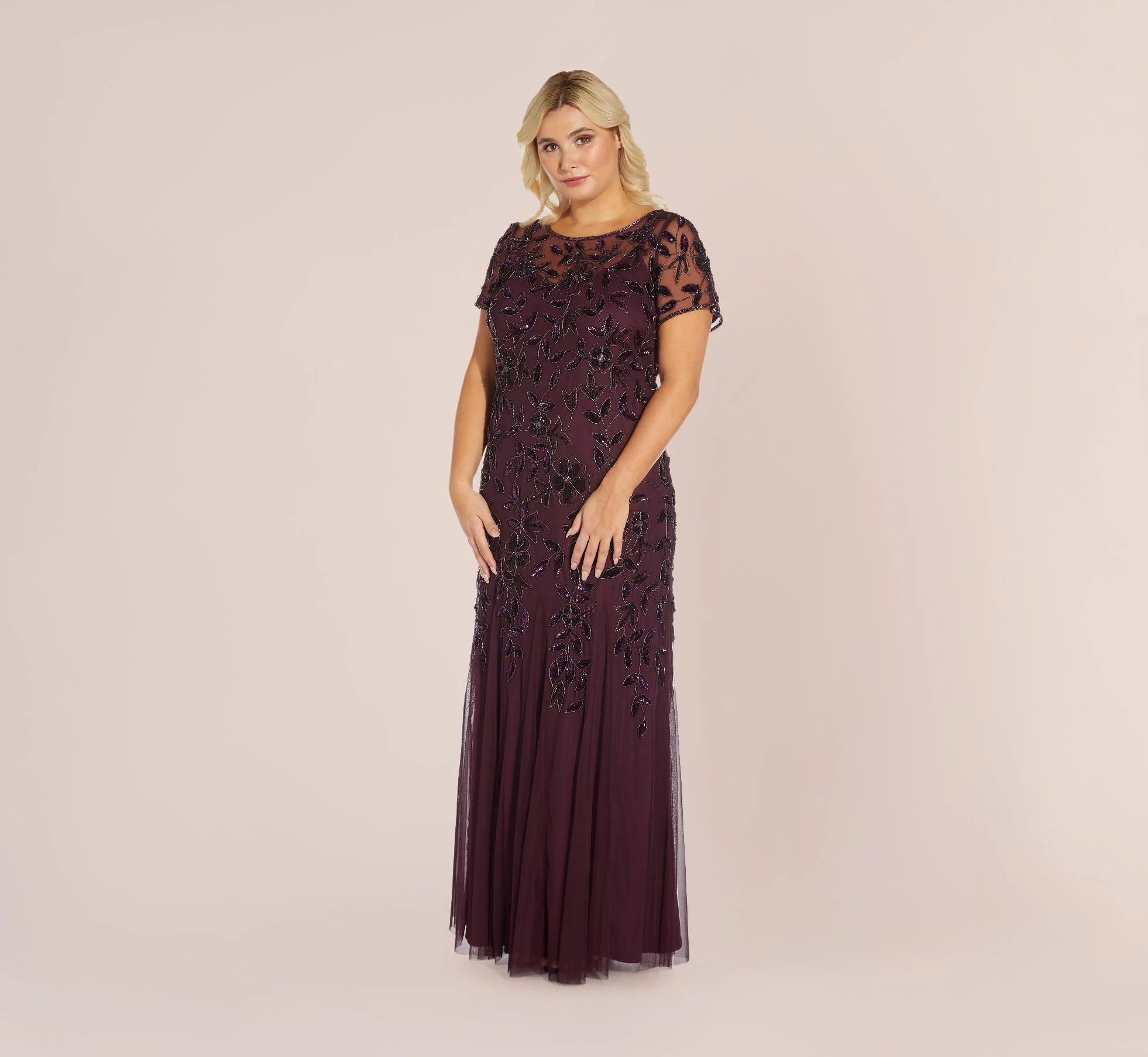 Plus Size Hand Beaded Short Sleeve Floral Godet Gown In Night Plum - Image 4