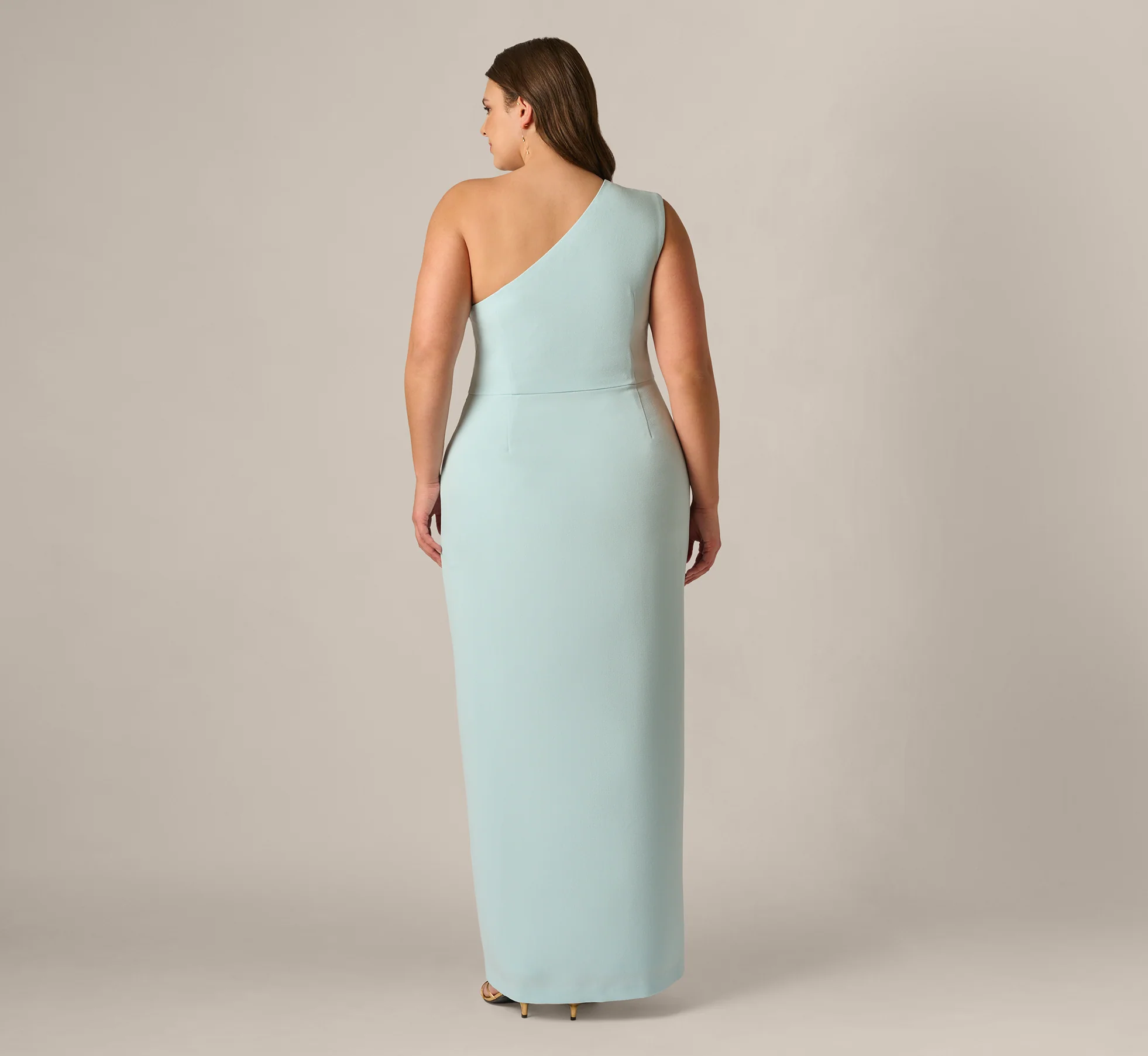 Plus Size One Shoulder Draped Ruffle Stretch Gown In Clear Sky - Image 5