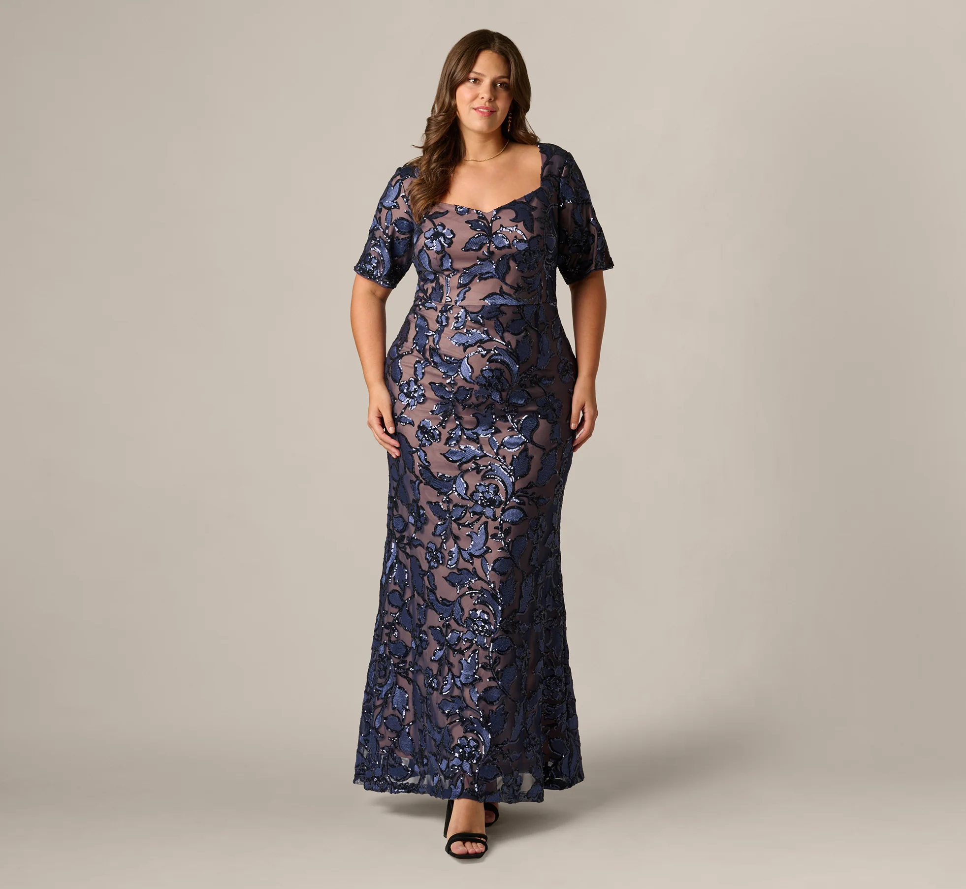 Plus Size Short Sleeve Floral Sequin Stretch Mesh Gown In Navy Rosegold - Image 2