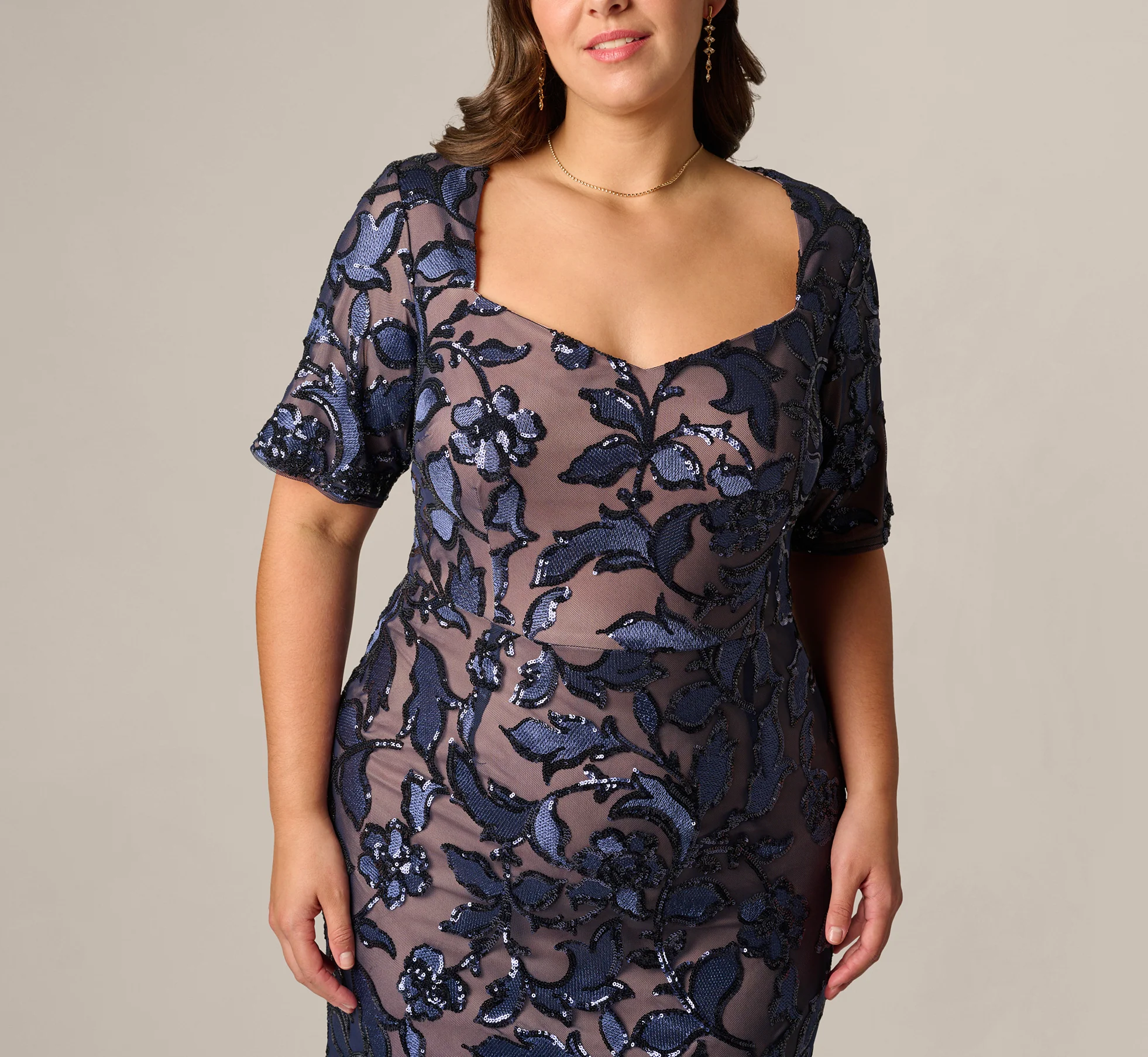 Plus Size Short Sleeve Floral Sequin Stretch Mesh Gown In Navy Rosegold - Image 3