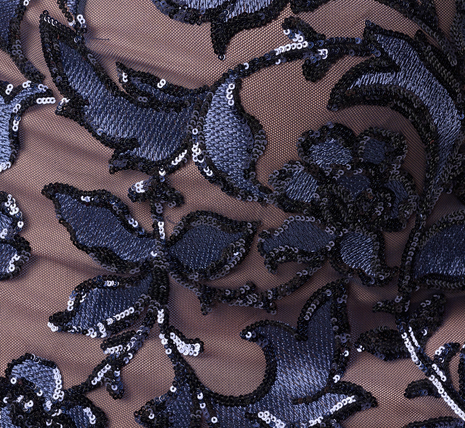 Plus Size Short Sleeve Floral Sequin Stretch Mesh Gown In Navy Rosegold - Image 6