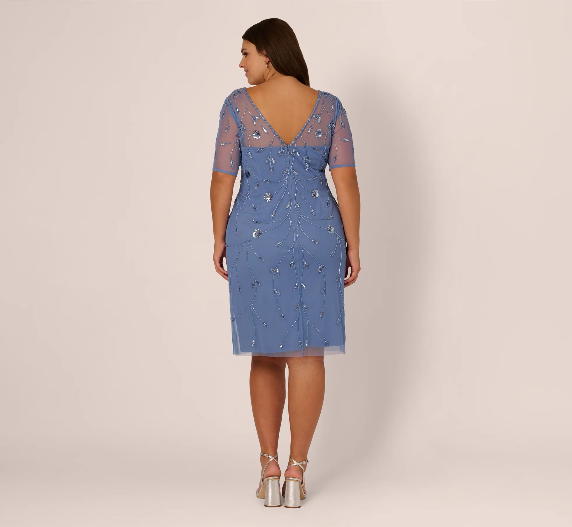 Plus Size Short Sleeve Illusion Floral Beaded Sheath Dress In French Blue - Image 5