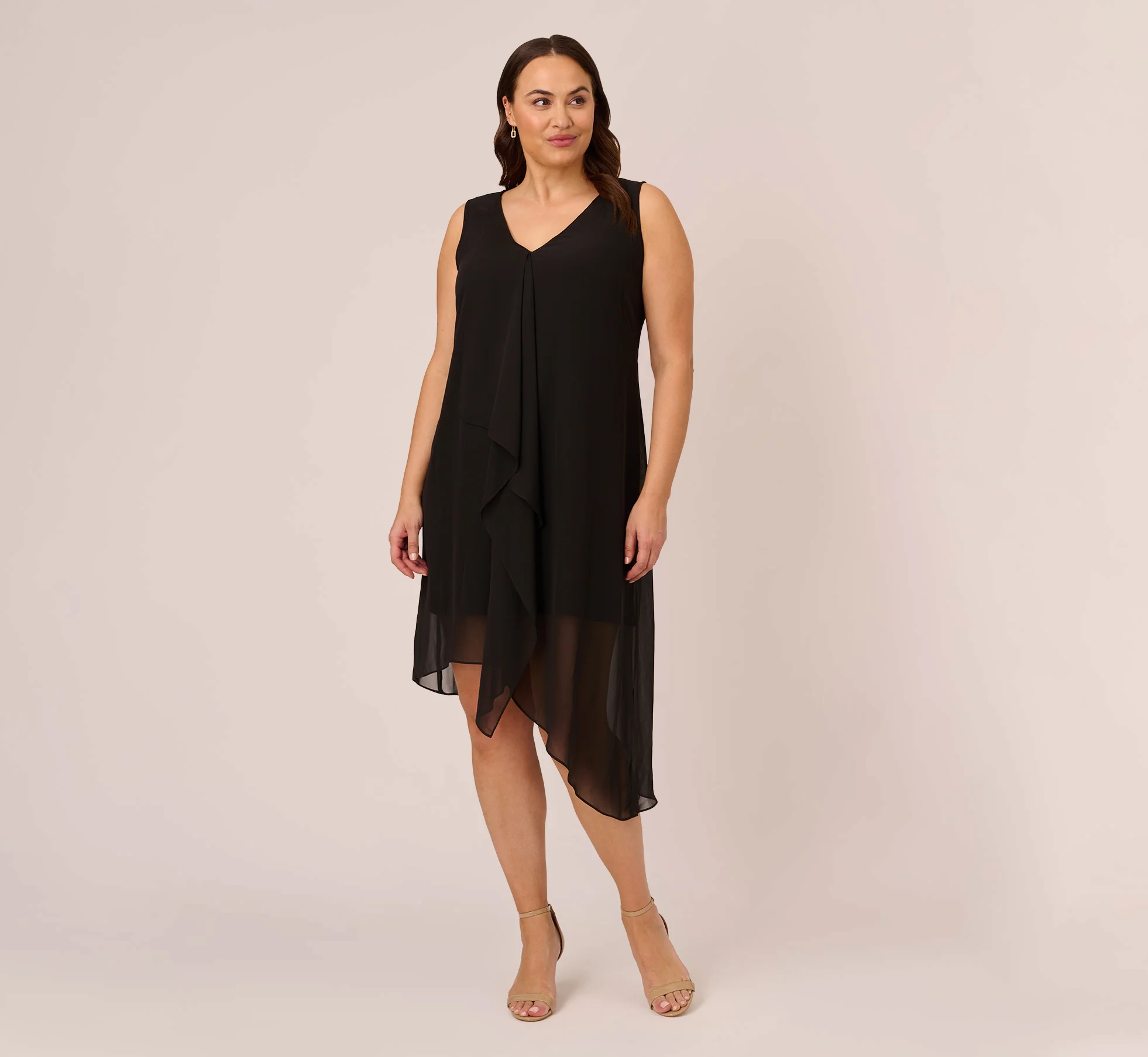 Plus Size Sleeveless Chiffon Dress With Cascading Details In Black - Image 2