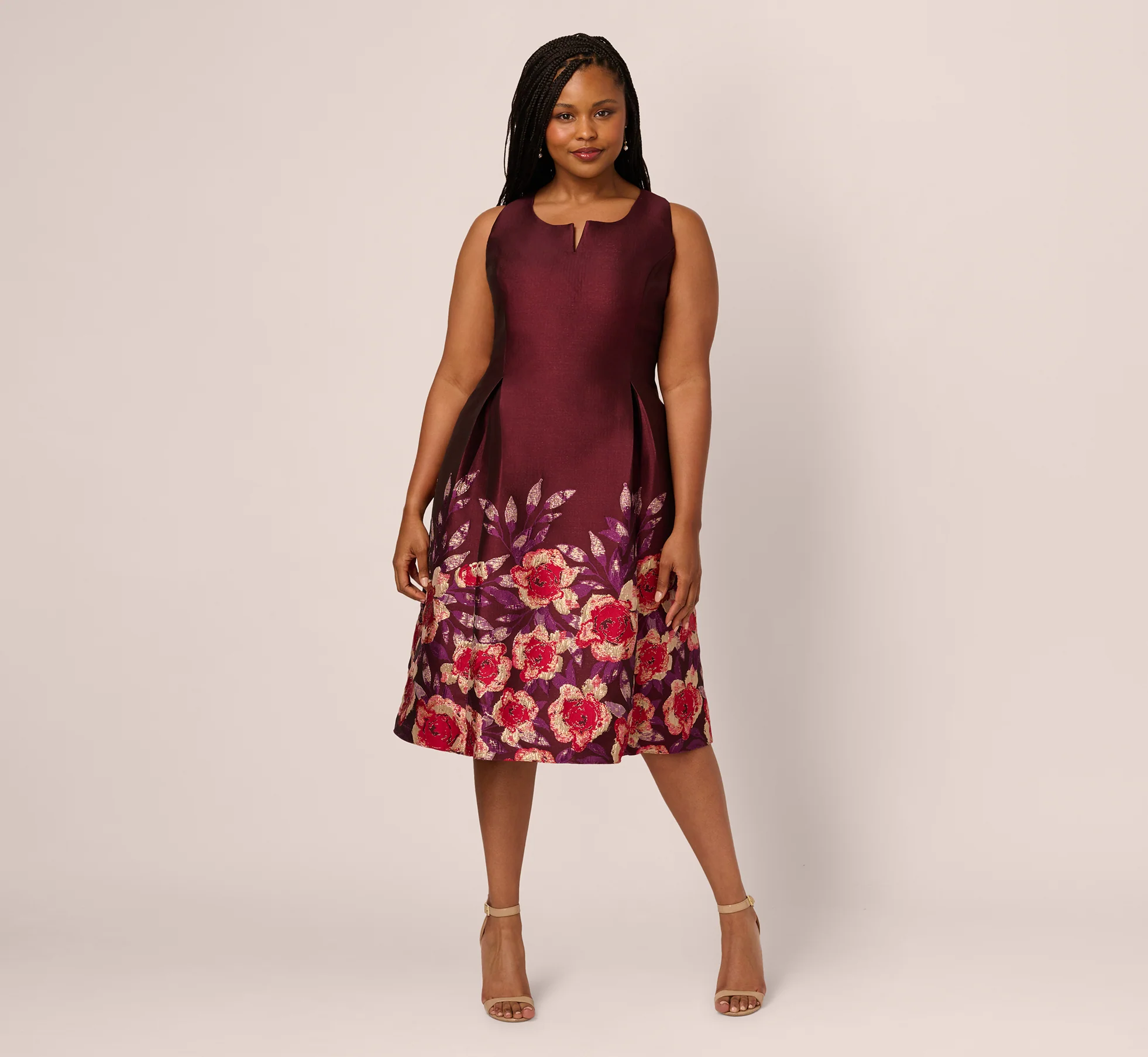 Plus Size Sleeveless Floral Border Jacquard Midi Dress In Plum Multi - Image 8