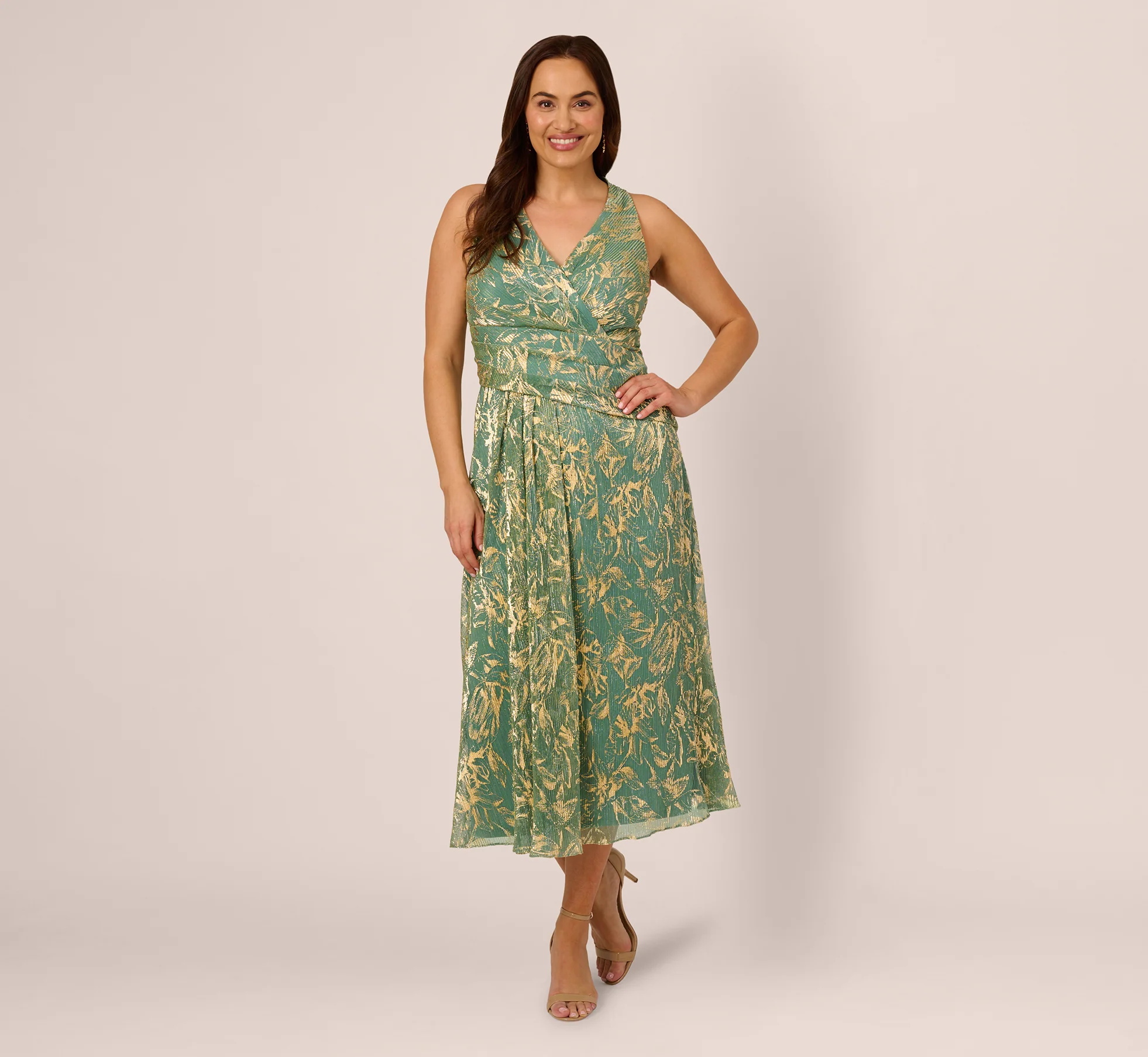 Plus Size Sleeveless Metallic Crinkle Midi Dress In Sage Gold - Image 3