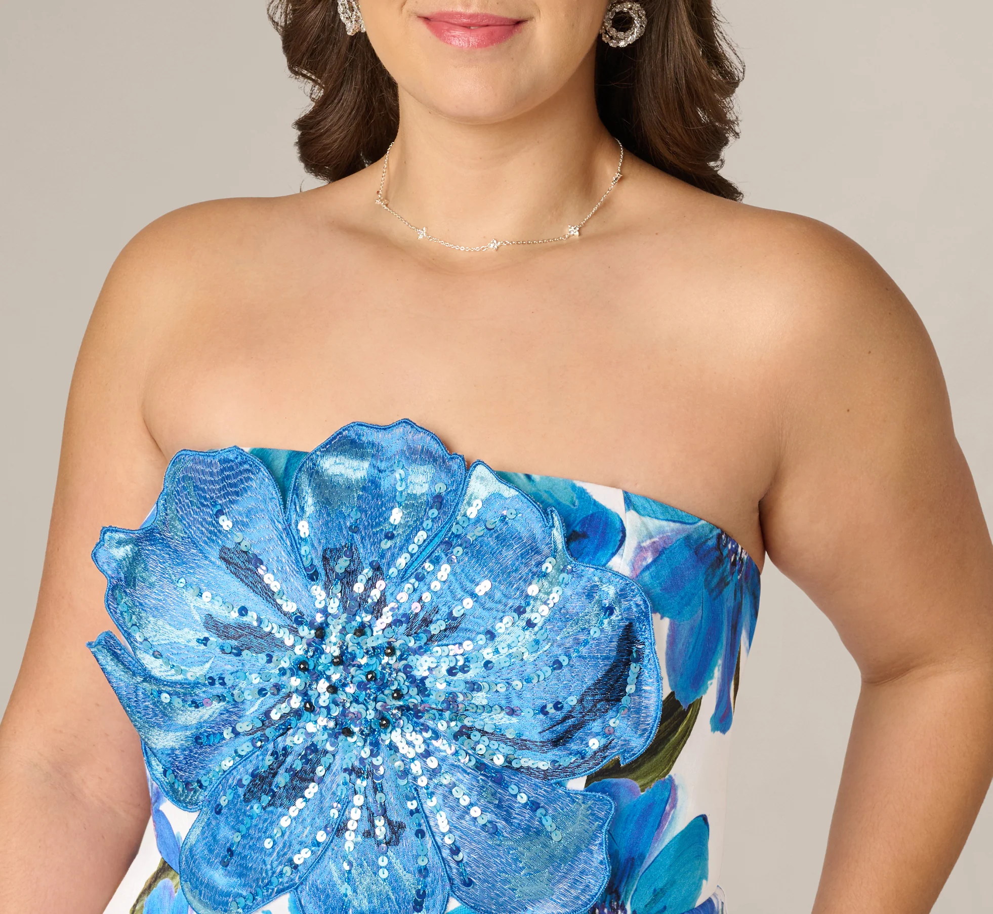 Plus Size Strapless 3D Floral Beaded Dupioni Gown In Ivory Blue Multi - Image 3