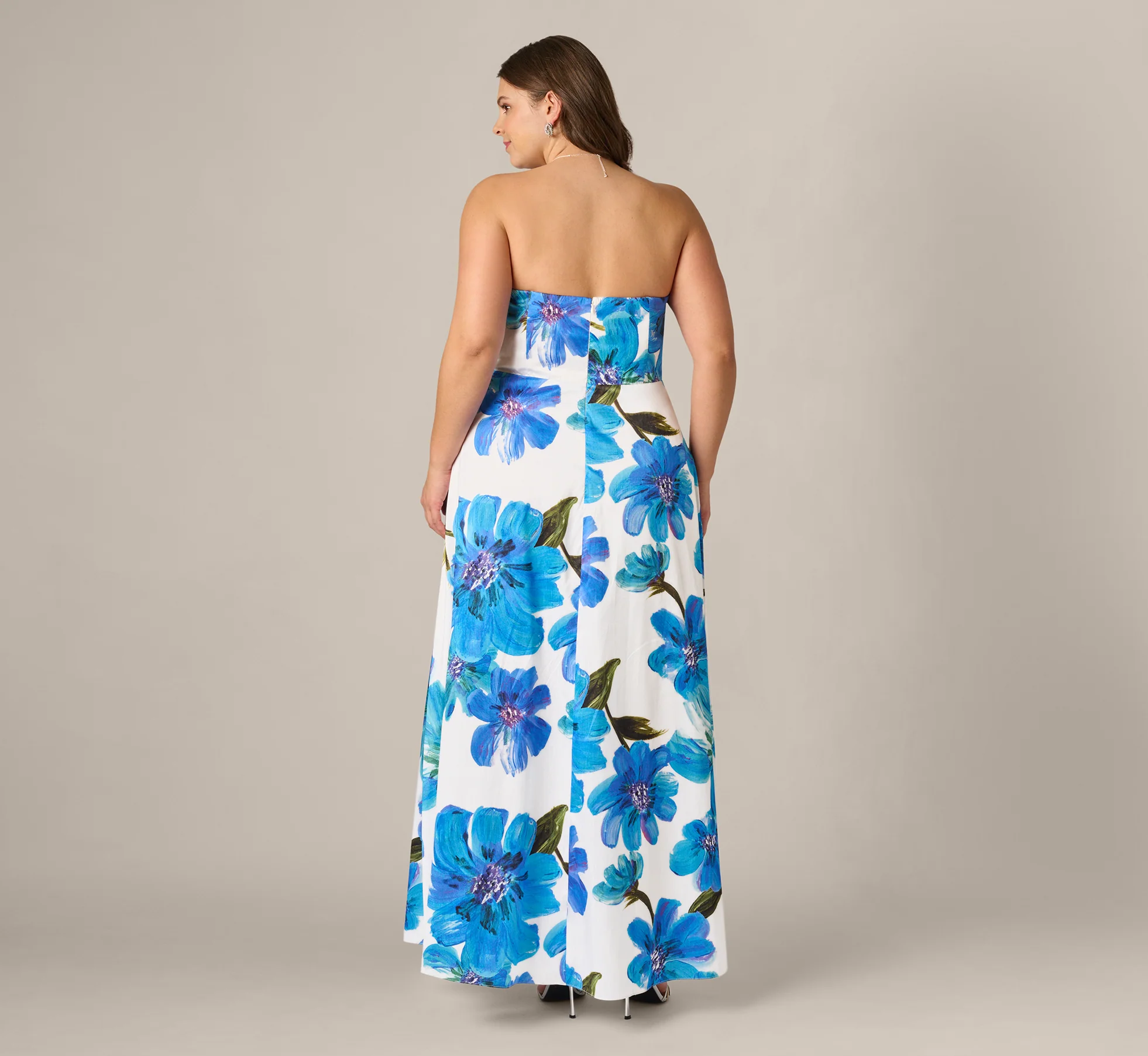 Plus Size Strapless 3D Floral Beaded Dupioni Gown In Ivory Blue Multi - Image 5