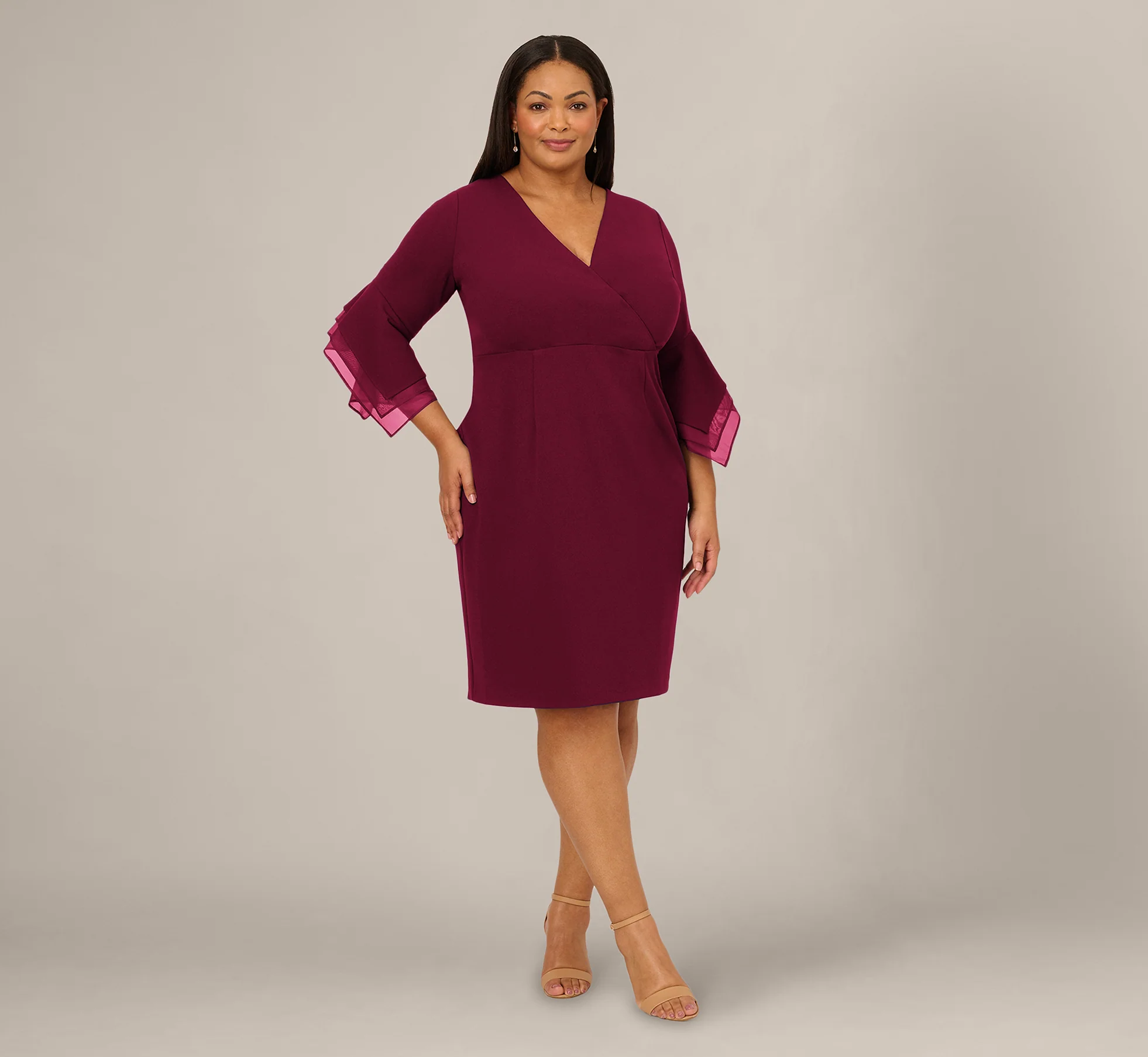 Plus Size Three Quarter Bell Sleeve Sheath Midi Dress In Cabernet - Image 7