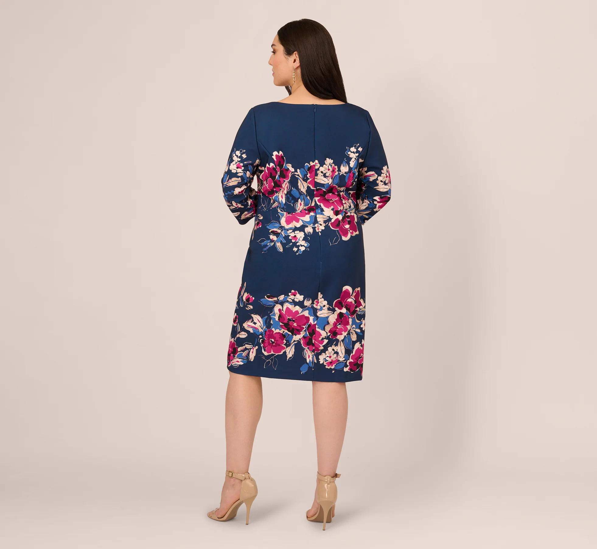 Plus Size Three Quarter Sleeve Floral Sheath Dress In Navy Pink Multi - Image 5