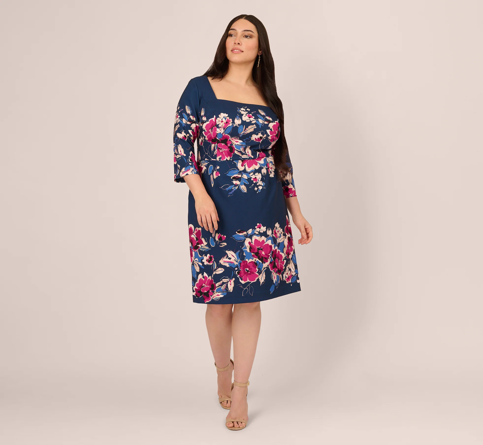Plus Size Three Quarter Sleeve Floral Sheath Dress In Navy Pink Multi - Image 7