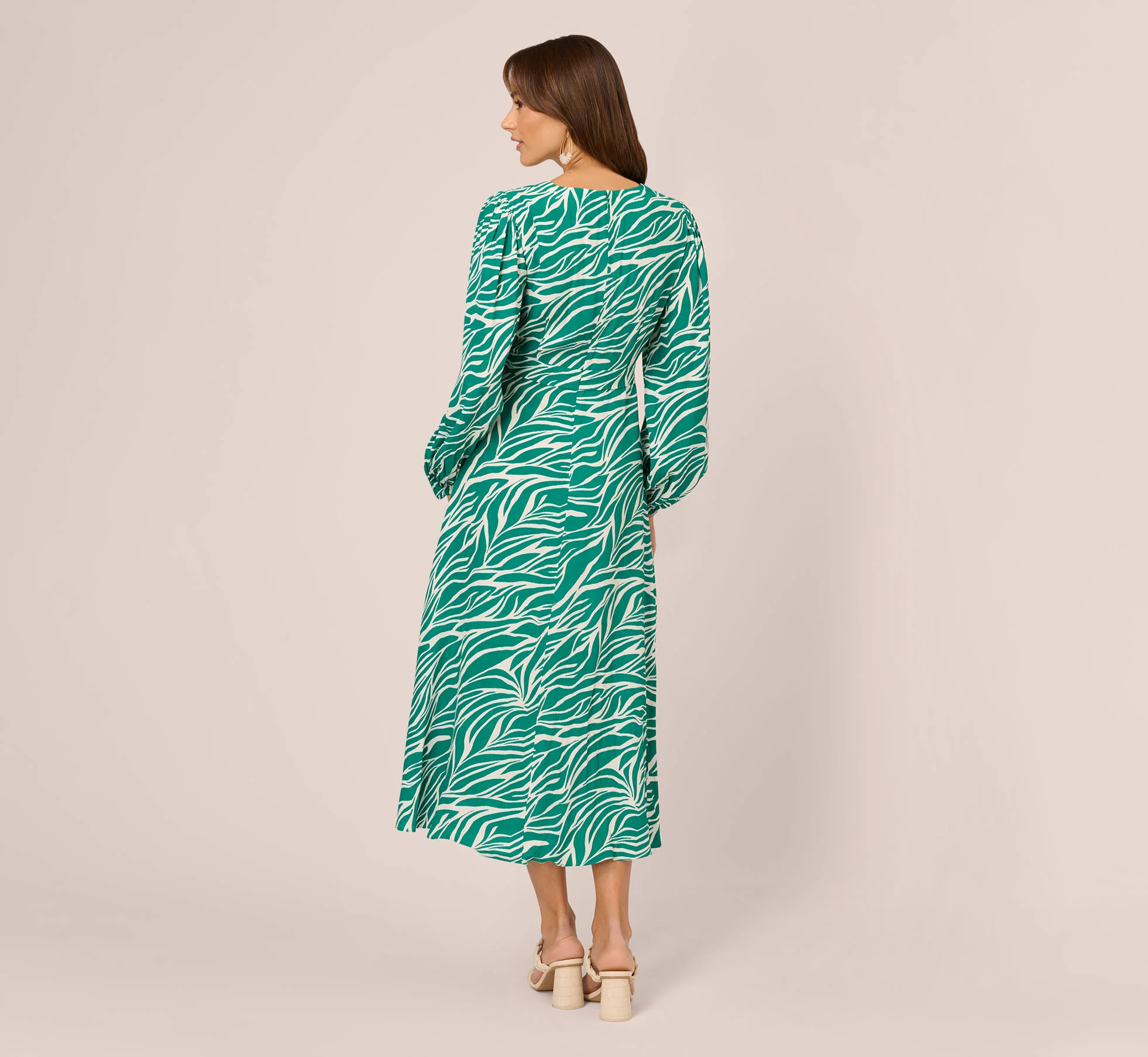 Printed Faux Wrap Dress With Bishop Long Sleeves In Green Ivory - Image 6