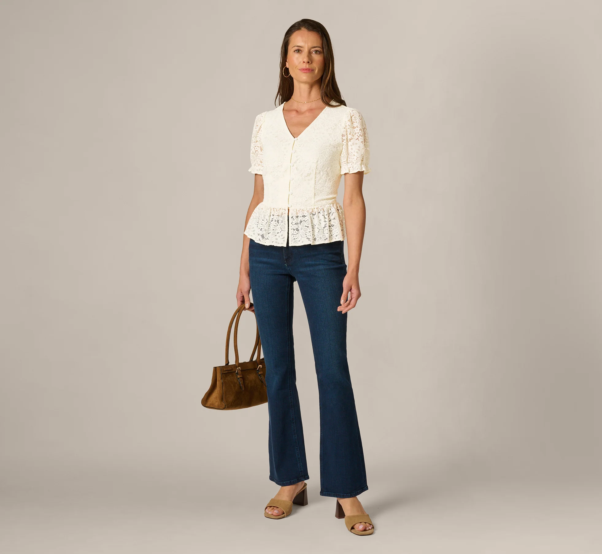 Puff Sleeve Lace Ruffle Peplum Top In Ivory - Image 2
