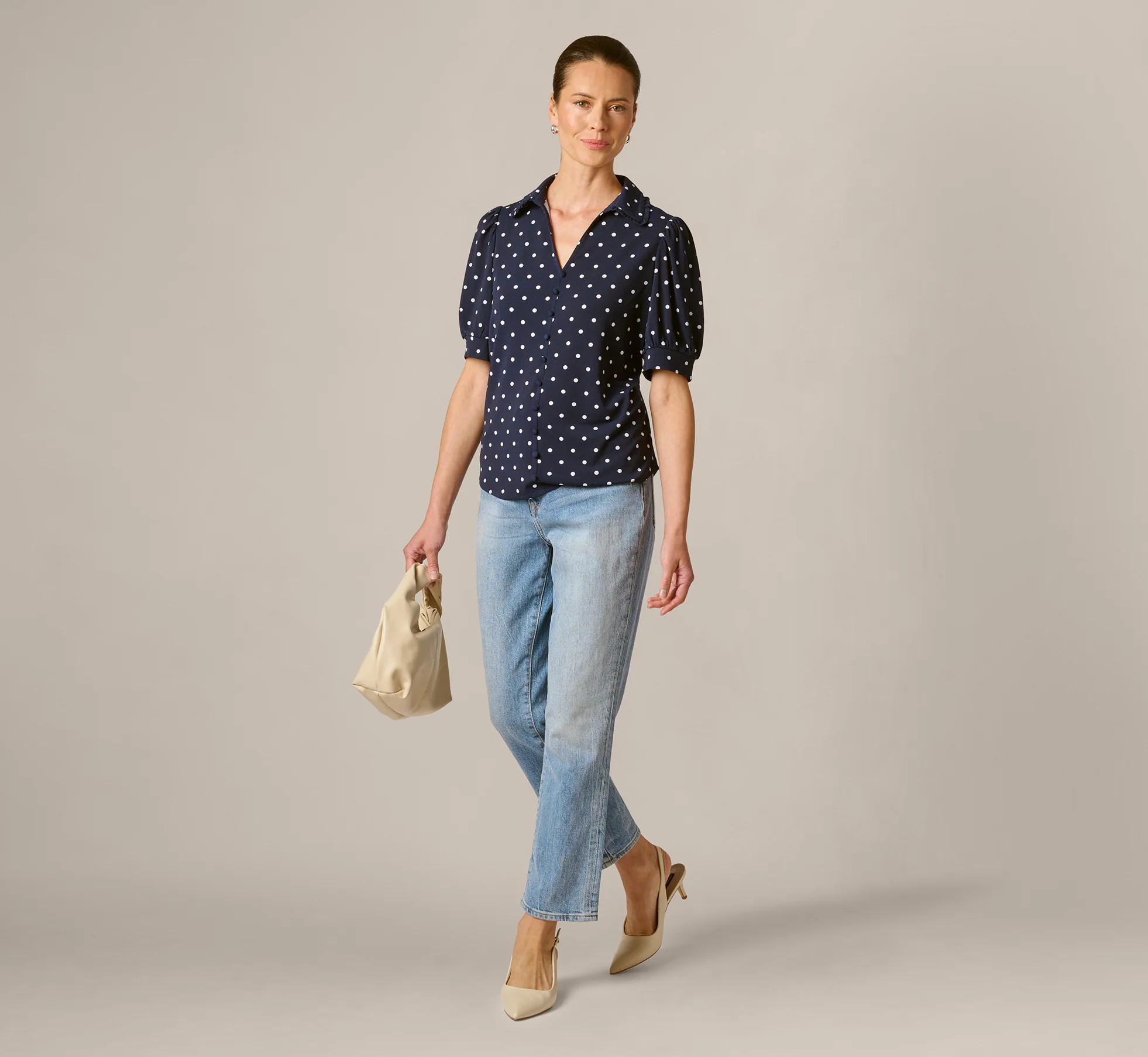 Puff Sleeve Ruffle Collared Top In Navy Ivory Timeless Dot - Image 2