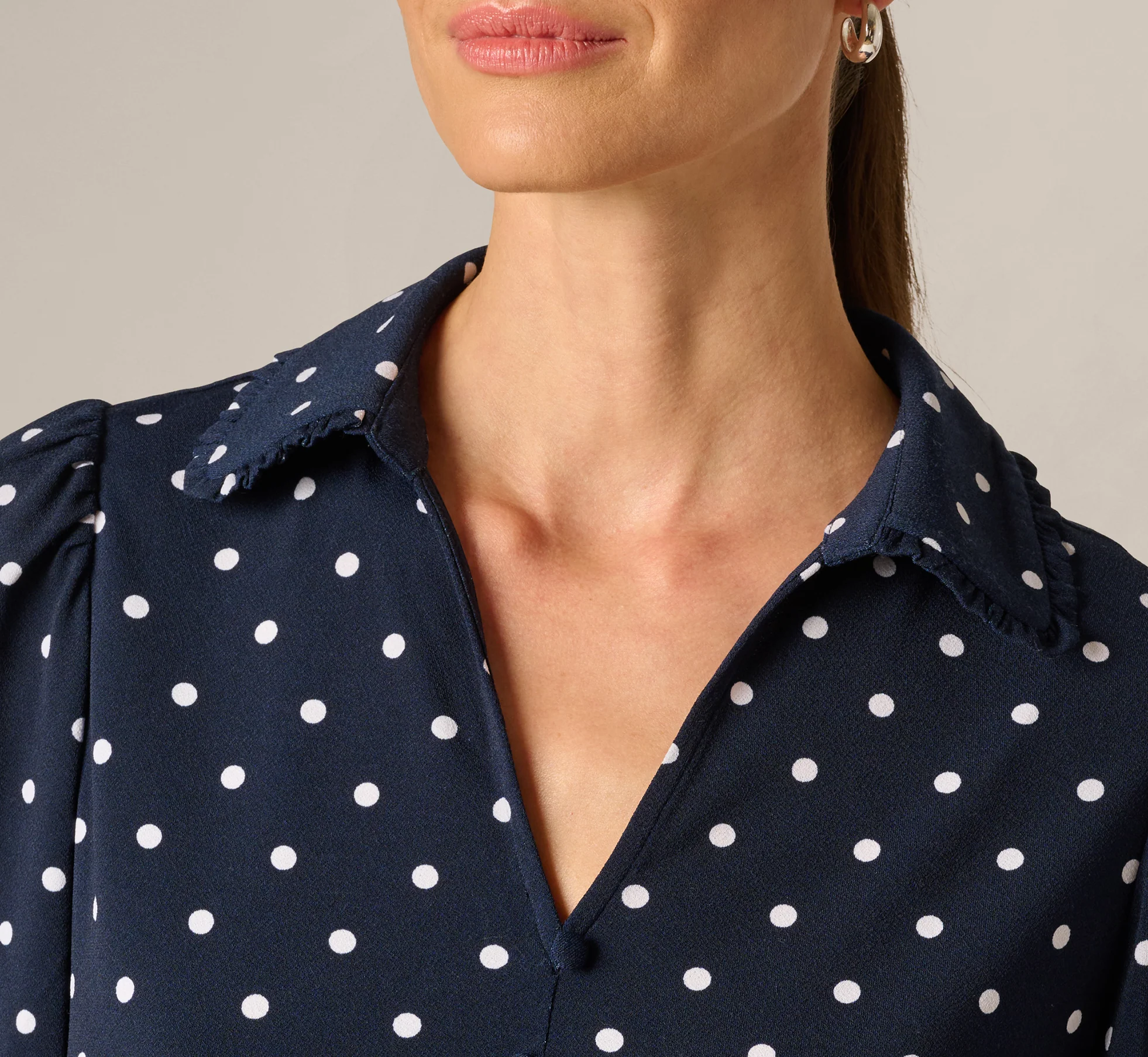 Puff Sleeve Ruffle Collared Top In Navy Ivory Timeless Dot - Image 4