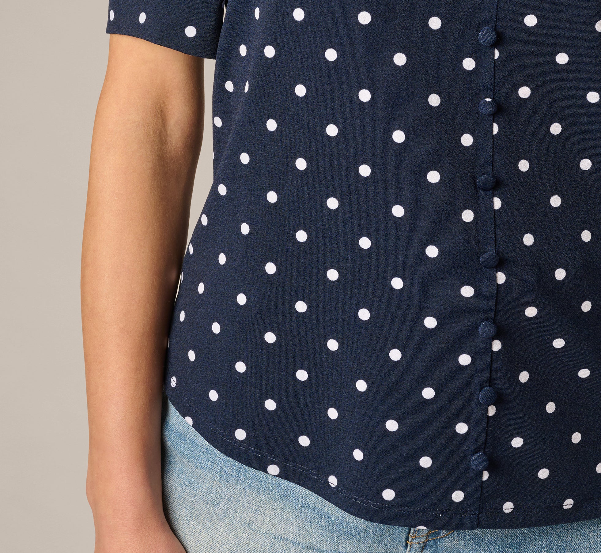 Puff Sleeve Ruffle Collared Top In Navy Ivory Timeless Dot - Image 5