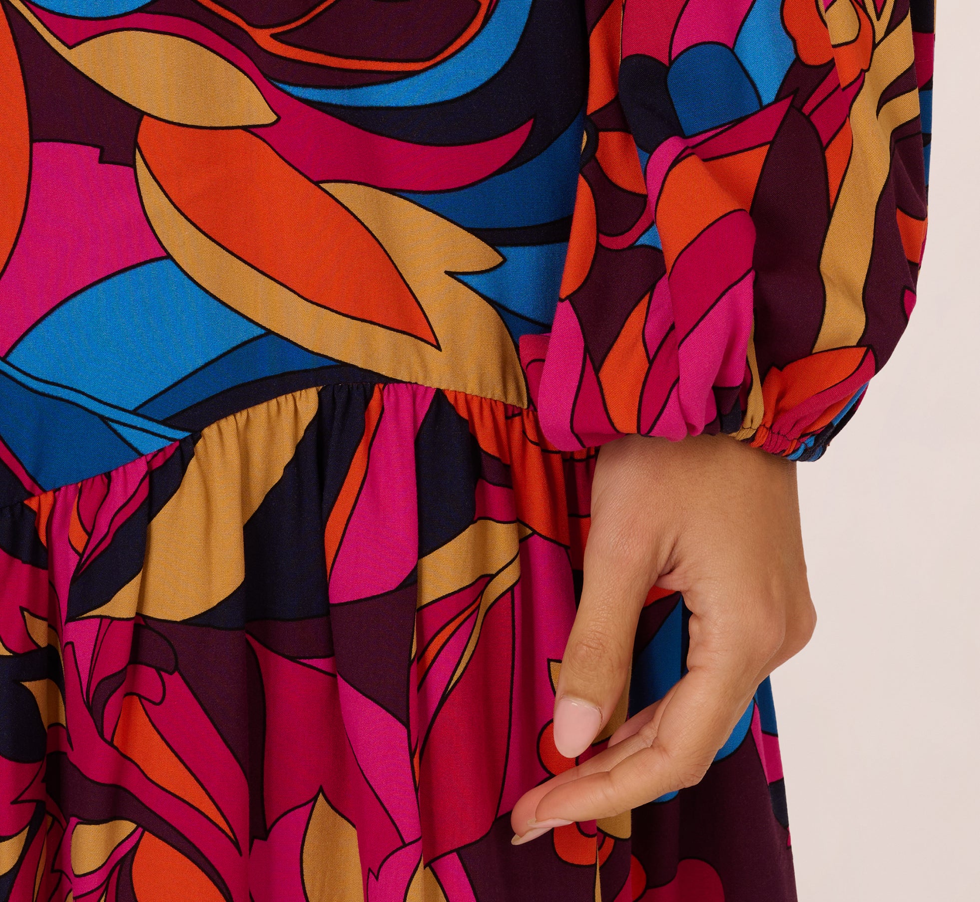 Retro Floral Print Shirred Dress With Long Bishop Sleeves In Berry Multi - Image 3