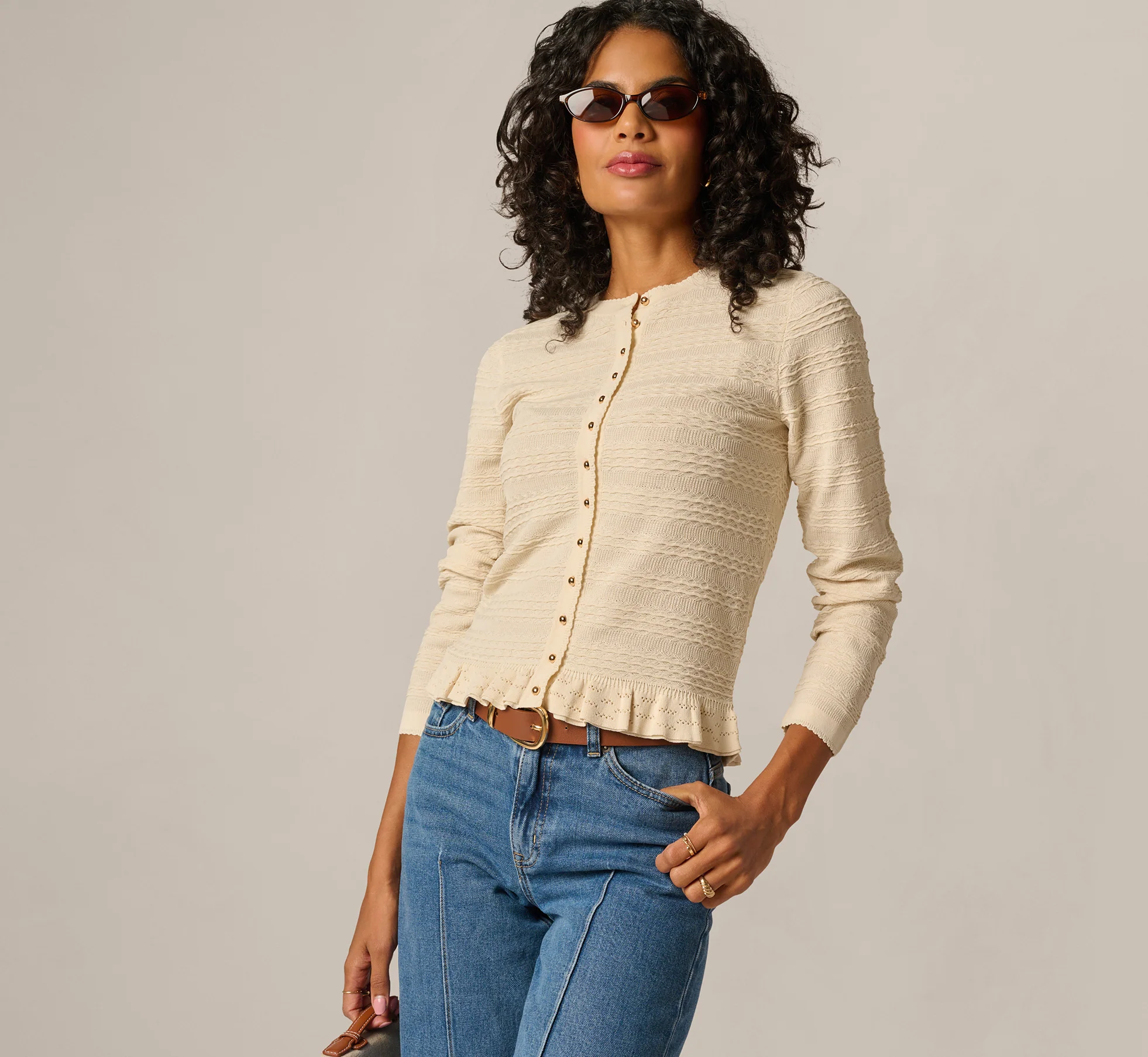 Ruffle Hem Cable Knit Cardigan Sweater In Cream