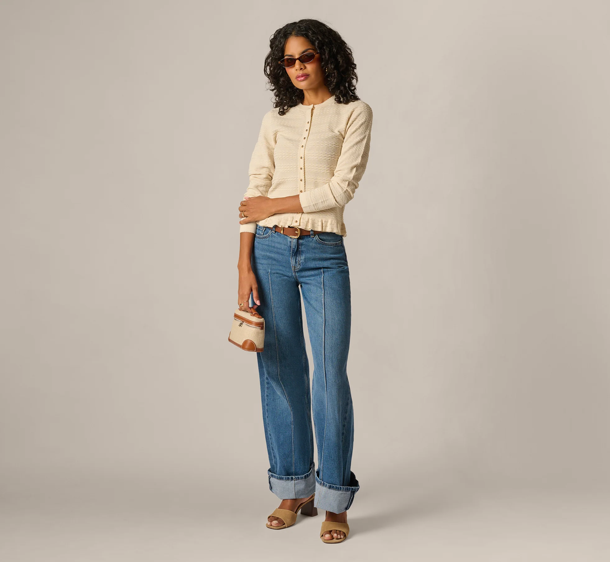 Ruffle Hem Cable Knit Cardigan Sweater In Cream - Image 2